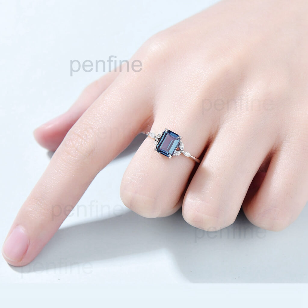 Emerald Cut Alexandrite Diamond Art Deco Engagement Ring in Rose Gold - Perfect for Vintage-Inspired Weddings & Anniversary Gifts