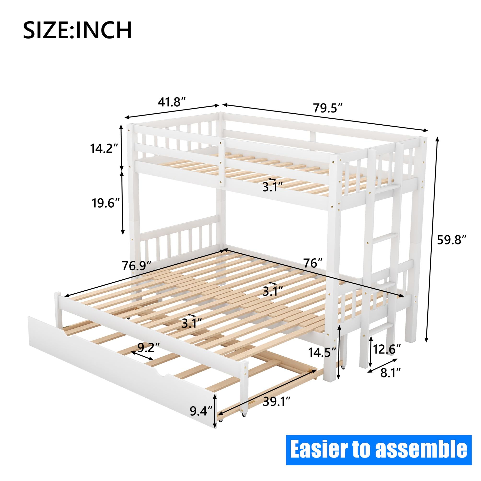 Sturdy Reinforced Wooden Twin Over Twin Bunk Bed with Trundle - Extendable to Twin Over 2 Twin Size - Thickened Solid Wood Construction - Pull-Out Design (White) - Perfect for Kids' Rooms, Guest Rooms & Space-Saving Solutions