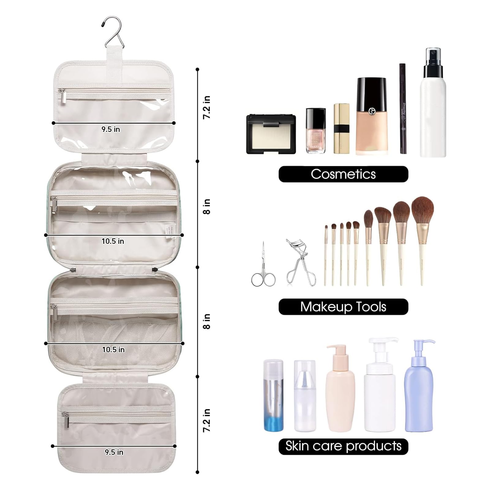 Narwey Hanging Toiletry Bag for Women - Travel Makeup Organizer with Multiple Pockets, Waterproof Cosmetic Bag for Toiletries & Essentials (Mint Green, Medium Size) | Perfect for Vacation, Gym, Camping & Business Trips