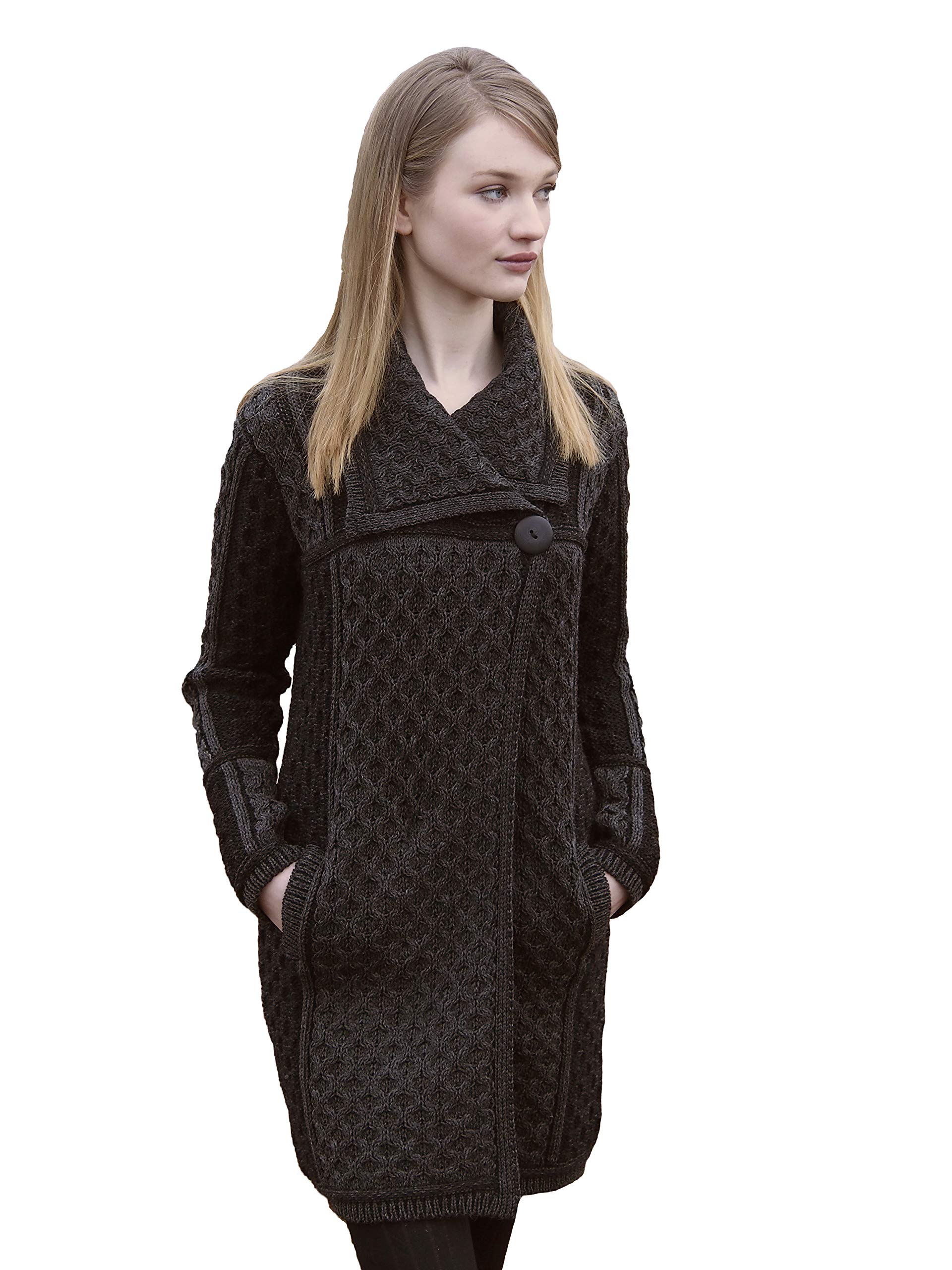 Aran Crafts Women's Irish Cable Knit 100% Merino Wool Long Cardigan with One Button - Cozy Winter Sweater for Casual Outfits & Office Wear