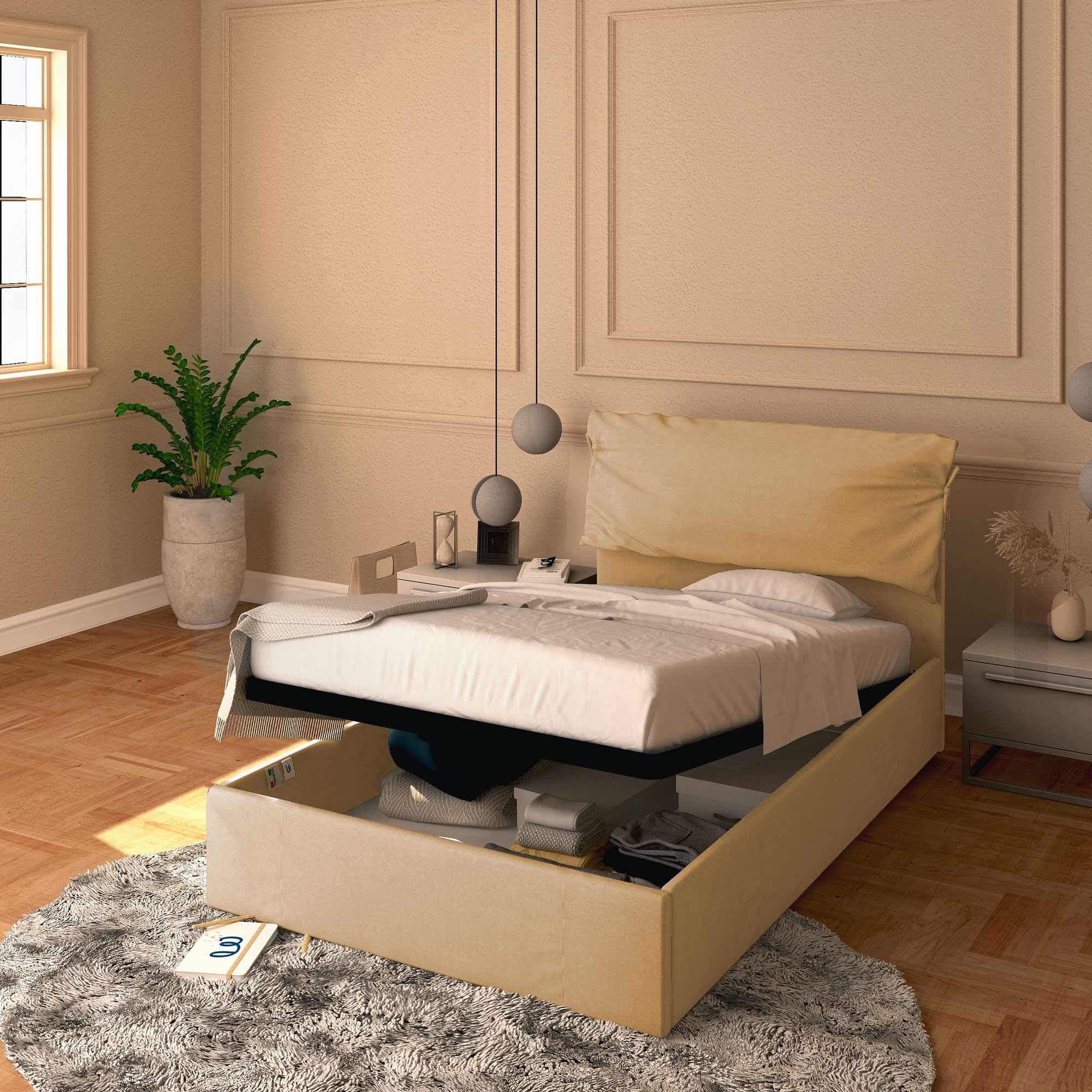 Baldiflex Single Bed with Storage - Licia Soft Synthetic Leather Upholstery, Slatted Base for Single Mattresses, 120 x 200 cm, Padded Headboard, Beige Color | Perfect for Small Bedrooms, Guest Rooms & Studio Apartments