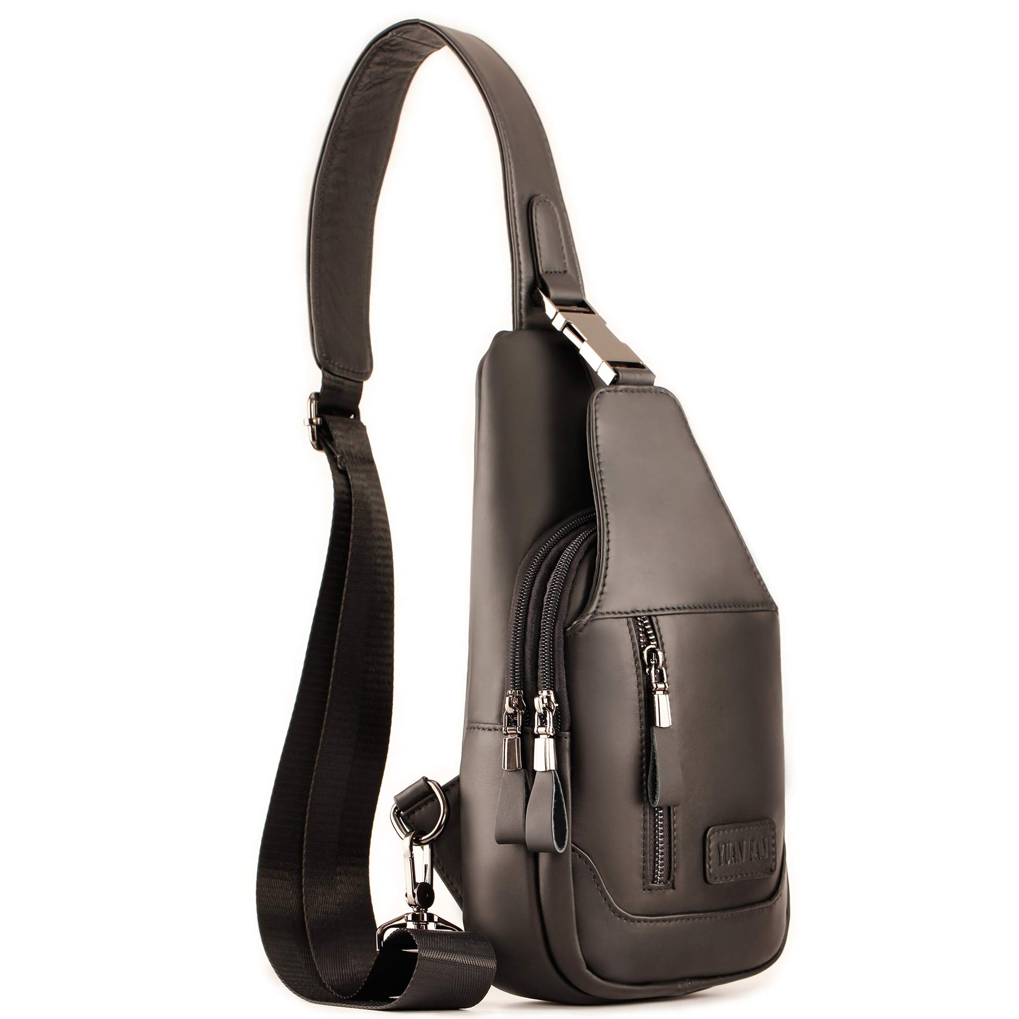 YUAN FAN Genuine Leather Crossbody Sling Bag for Men - Compact Travel Chest Shoulder Backpack for Outdoor Sports, Hiking & Daily Commute