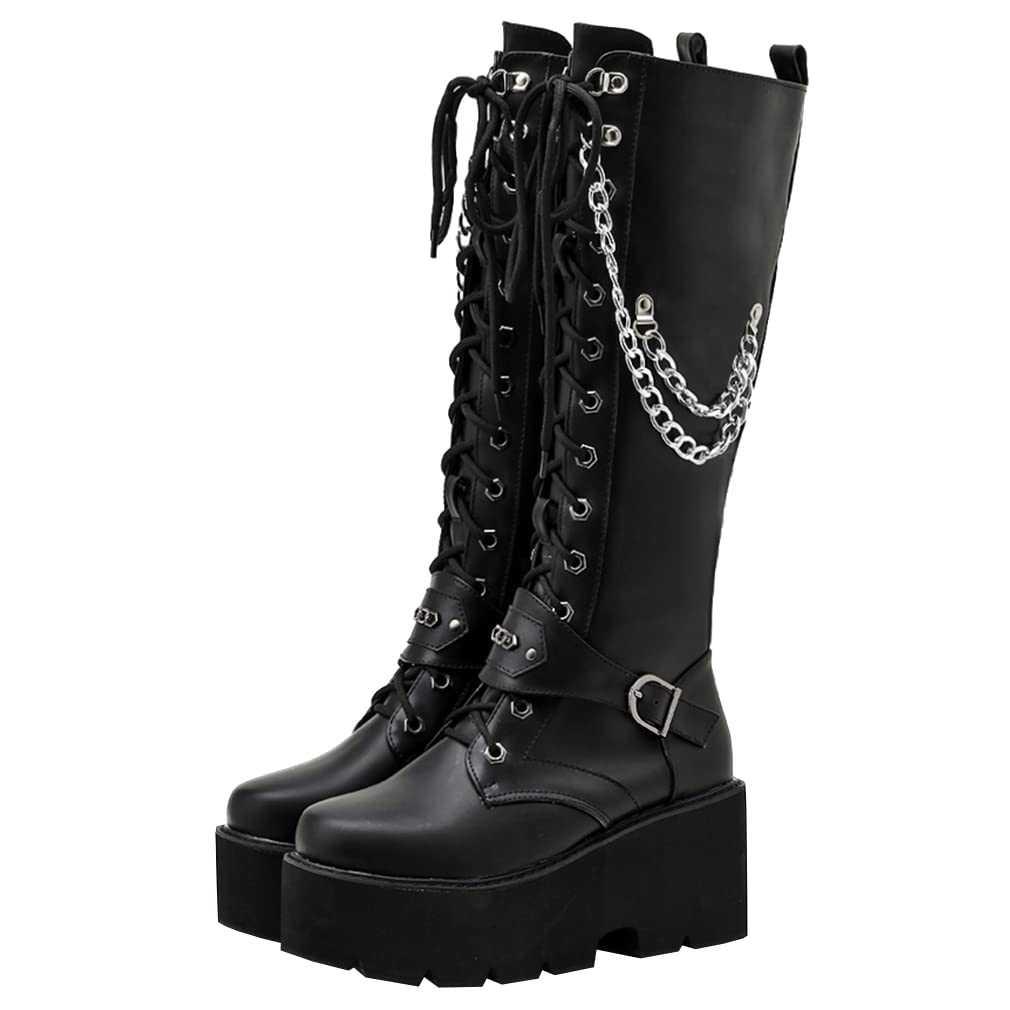 Gothic Knee High Platform Boots for Women - Chunky Heel Punk Combat Boots with Buckle & Chain Lace Up Design | Perfect for Halloween, Cosplay, and Alternative Fashion Outfits