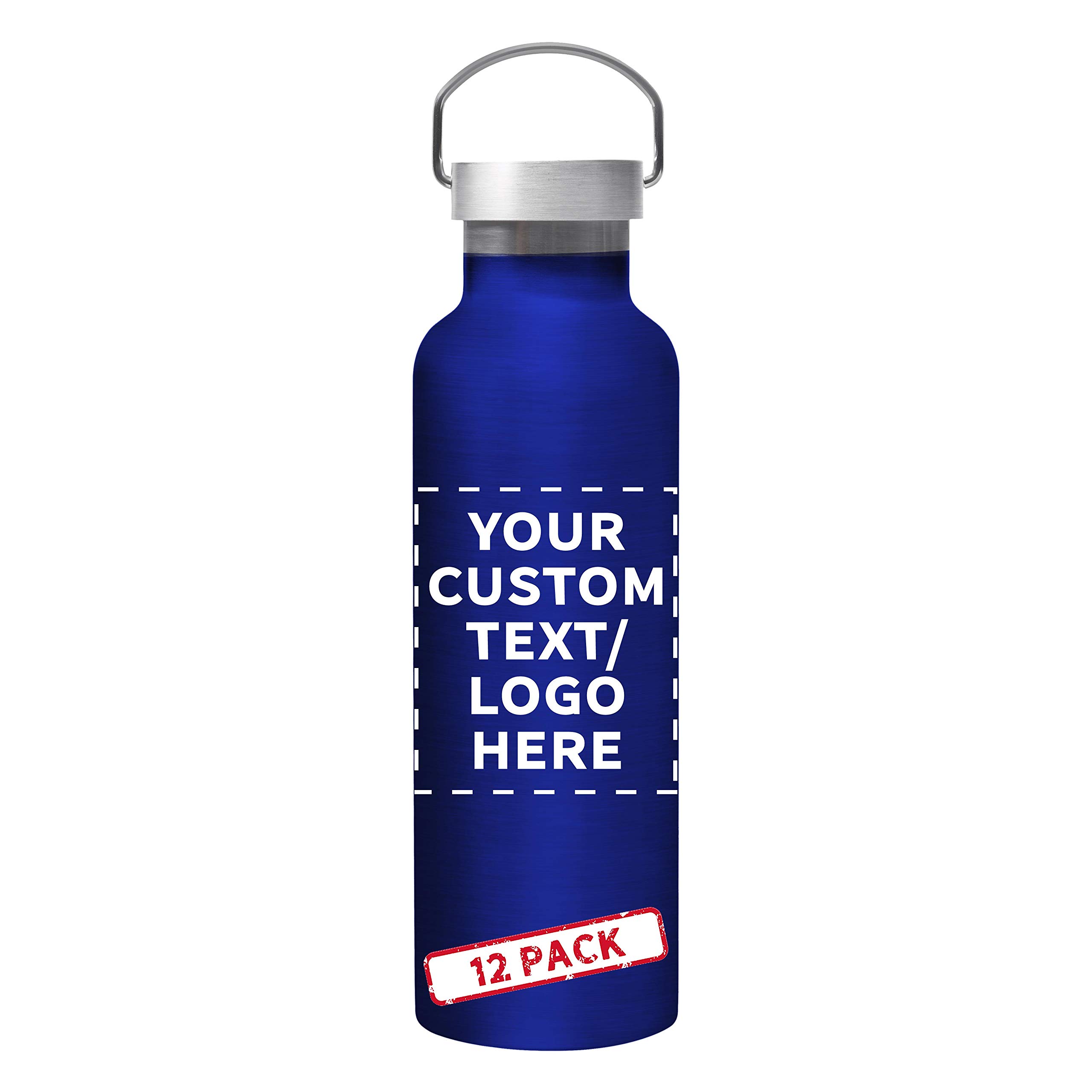12 Pack 25 oz Stainless Steel Water Bottles with Custom Text & Logo - Double Wall Insulated, Wire Handle - Blue - Perfect for Camping, Hiking, and Outdoor Adventures