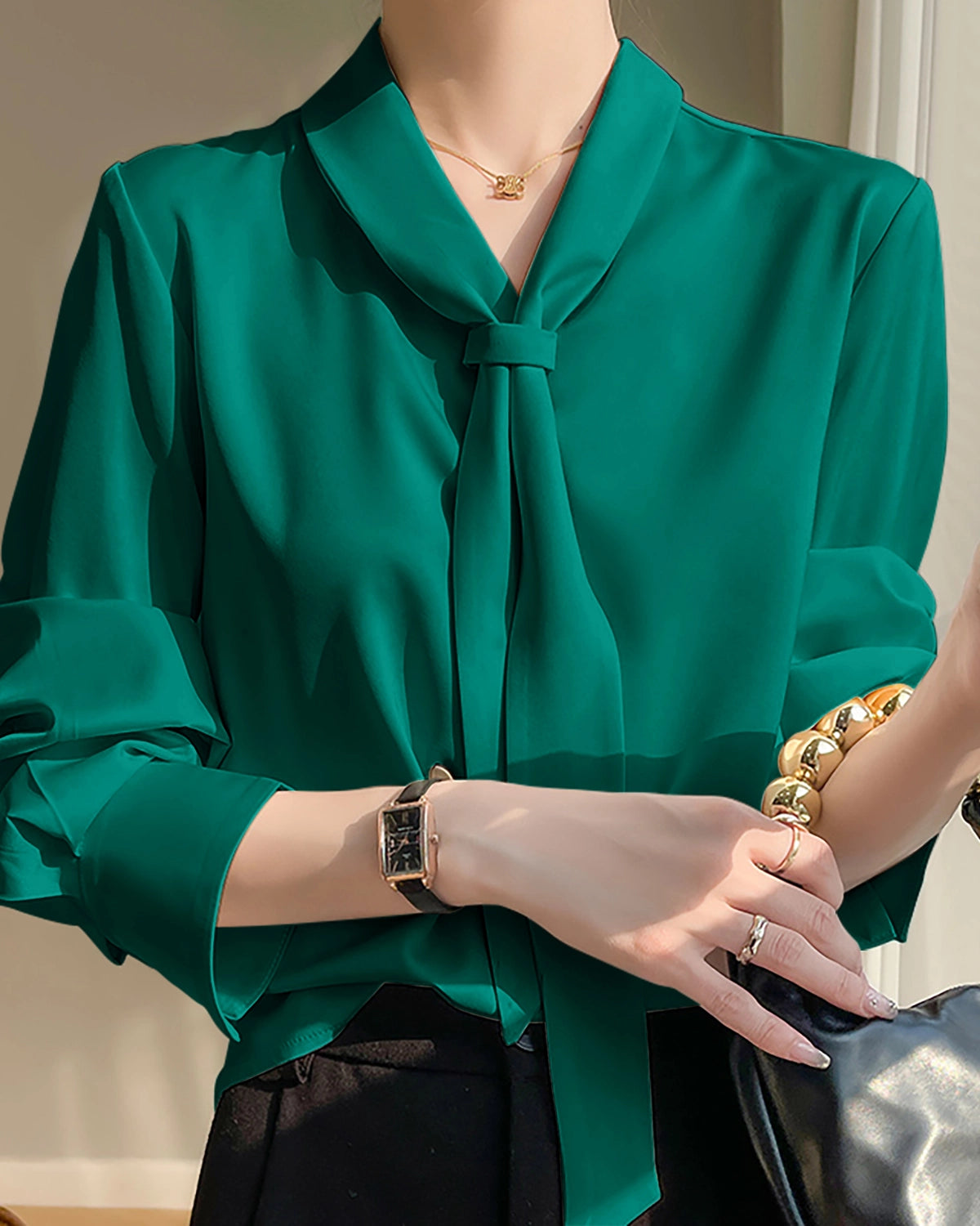 Elegant V-Neck Tie Front Silk Blouse for Women - Luxurious & Breathable - Perfect for Office, Date Night & Special Occasions