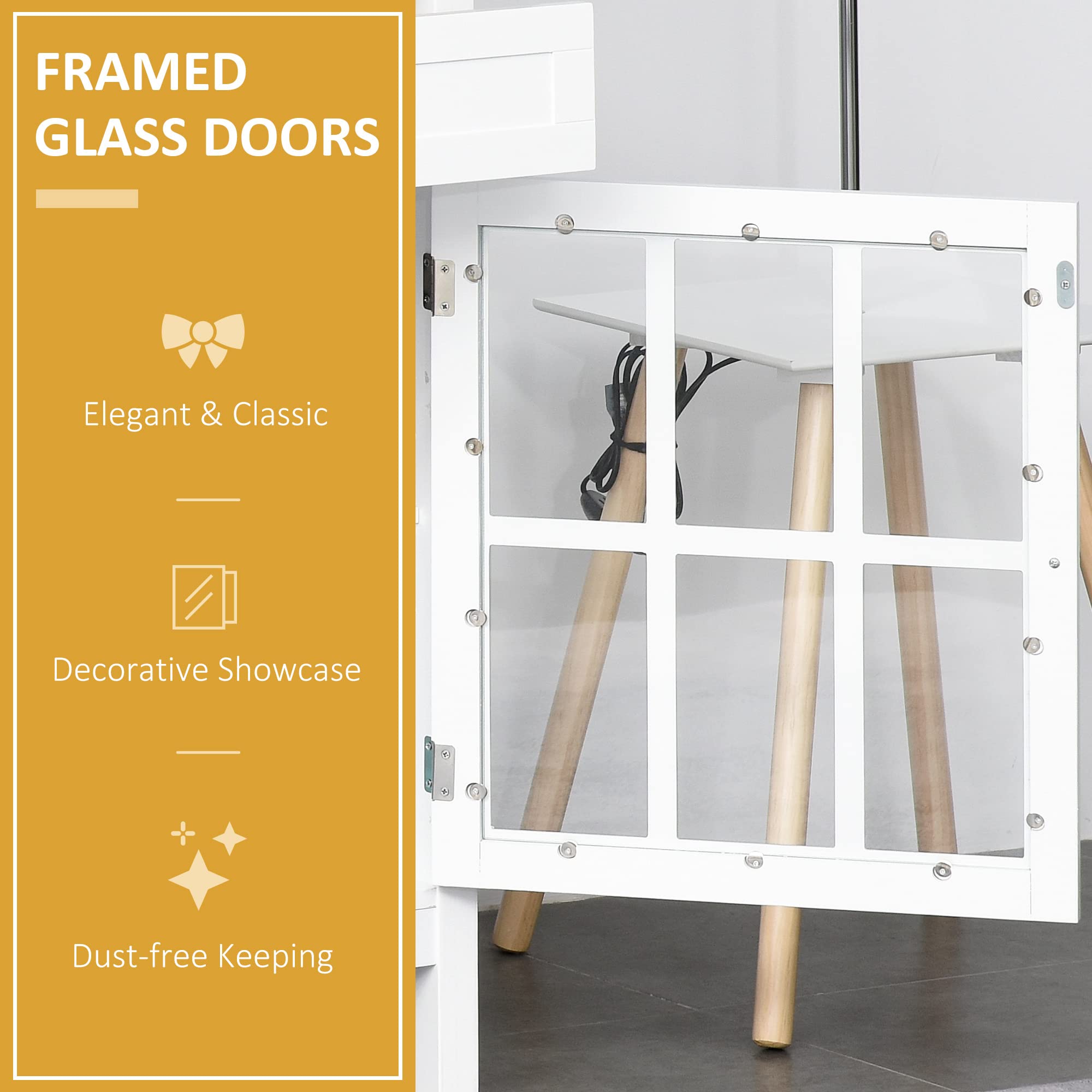 HOMCOM White Rolling Kitchen Island with Storage - Solid Wood Top, Glass Door Cabinet, Adjustable Shelf, Towel Rack & 2 Drawers - Perfect for Small Kitchen, Dining Room & Apartment Cooking Space