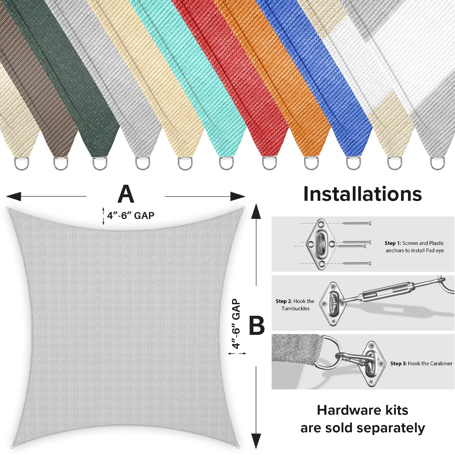 10' x 22' Rectangle Sun Shade Sail Canopy - UV Blocking Outdoor Shade Cover for Patio, Deck, Pergola, Yard & Lawn - Perfect for Backyard BBQs, Poolside Lounging & Outdoor Gatherings (Gray)