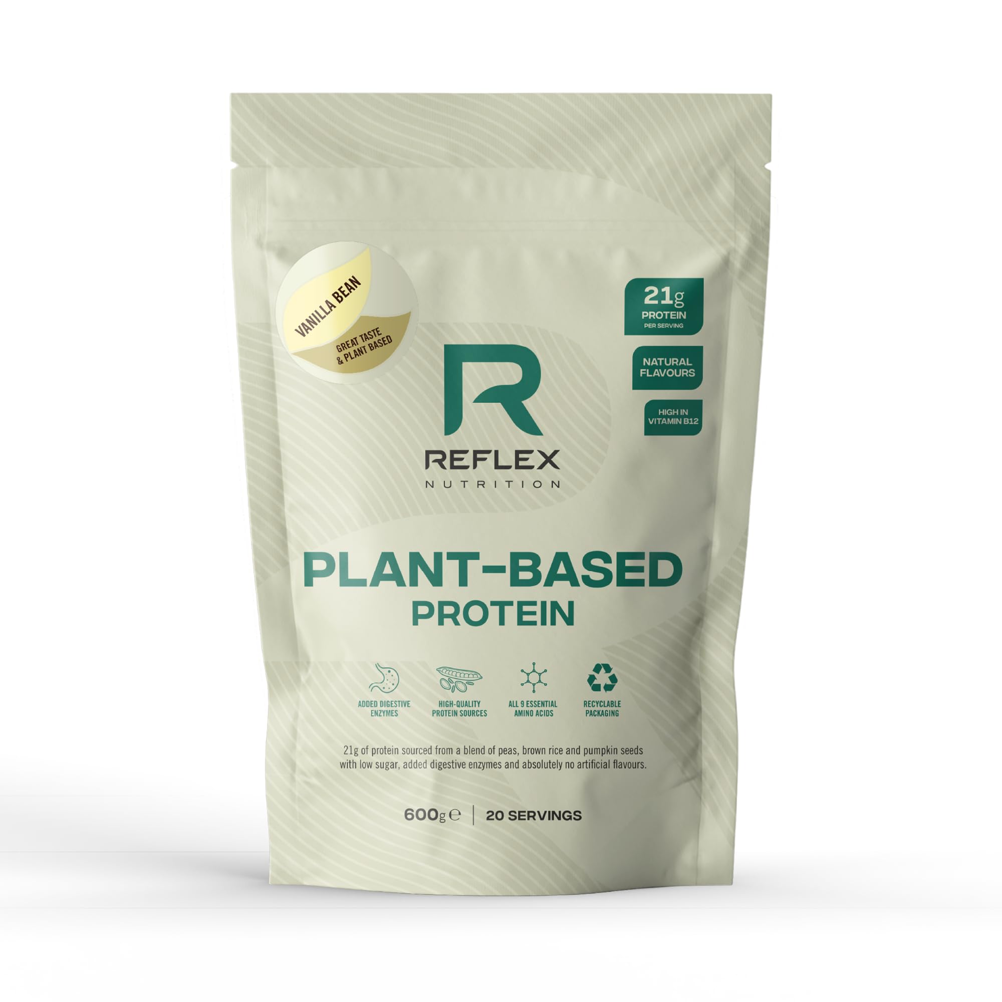 Reflex Nutrition Plant Based Protein Powder - 21g Vegan Protein per Serving (Pea, Brown Rice & Pumpkin Seed Protein) with Digestive Enzymes & Vitamin B12 - Vanilla Bean Flavor (20 Servings) - Ideal for Post-Workout Recovery, Muscle Growth & Vegan Diet Supplement