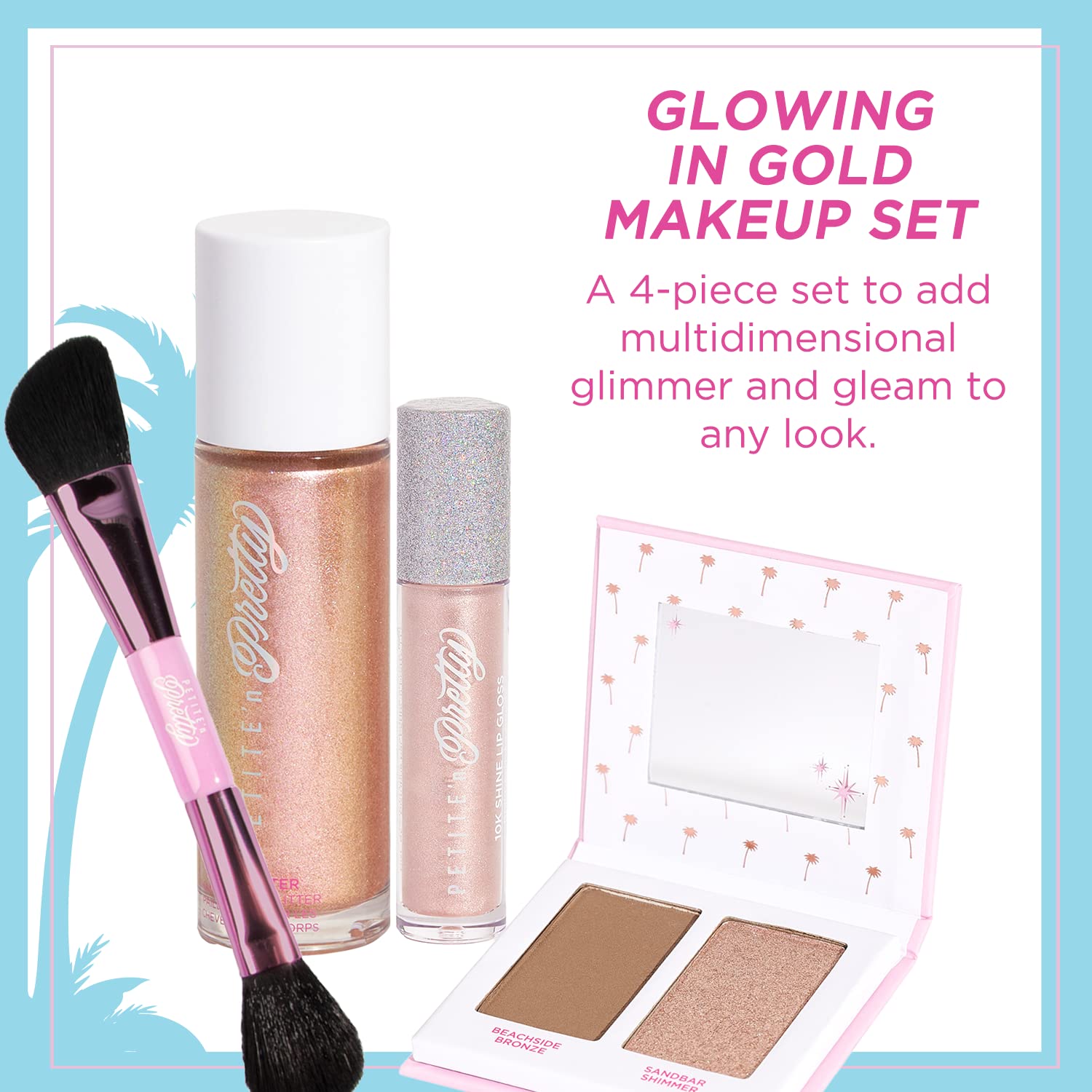 Petite 'n Pretty Kids Makeup Set (Gold) - Non-Toxic Face & Body Glitter Makeup Kit for Girls, Tweens & Teens - Includes Highlighter, Shimmer, Lip Gloss & Brush - Made in USA - Perfect for Birthday Parties, Dress-Up & Playtime