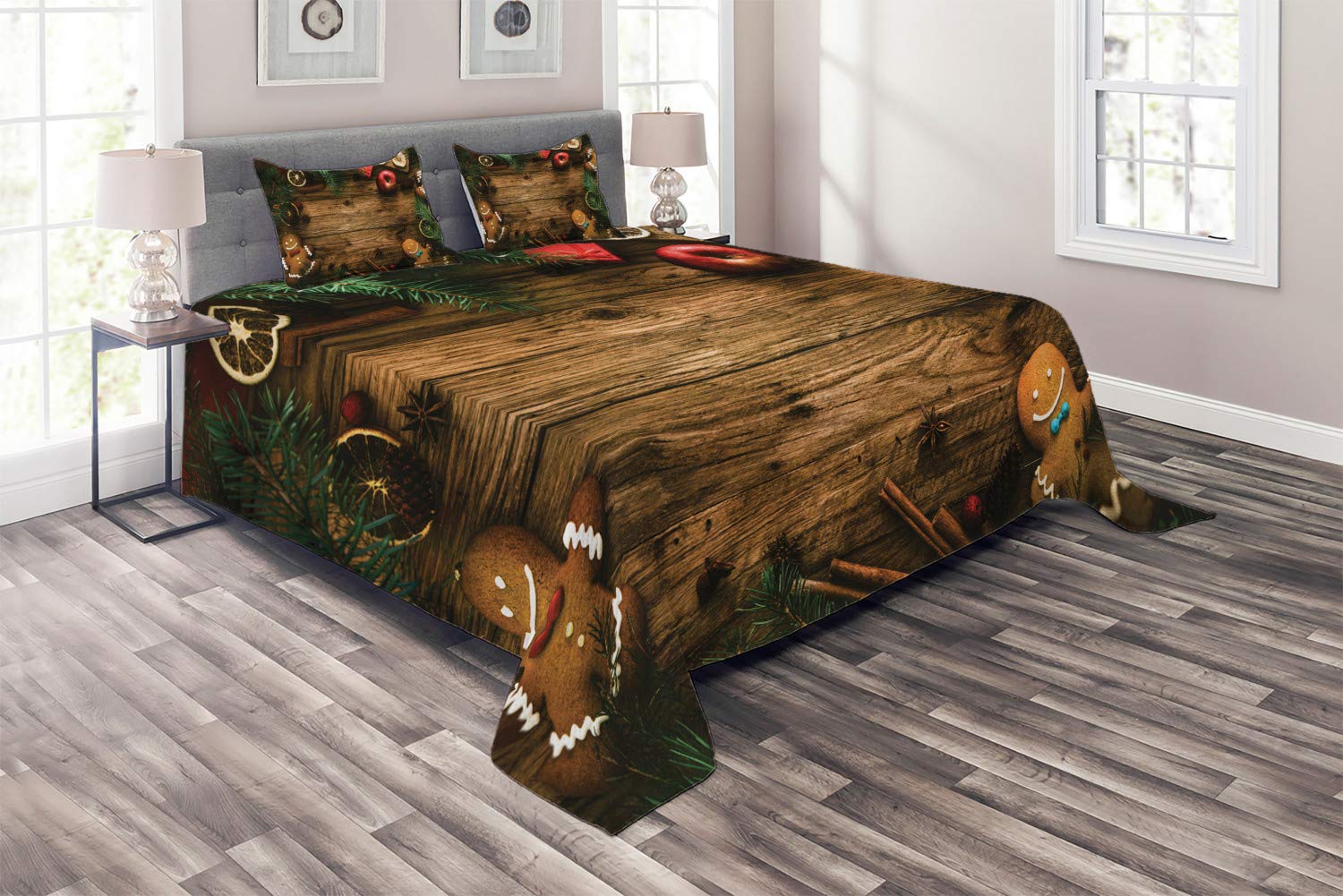 Ambesonne Christmas Quilt Set - 3 Piece King Size Bedspread with 2 Pillow Shams, Gingerbread Man & Pine Tree Holiday Design in Brown & Green | Rustic Woodland Theme for Cozy Winter Bedroom Decor