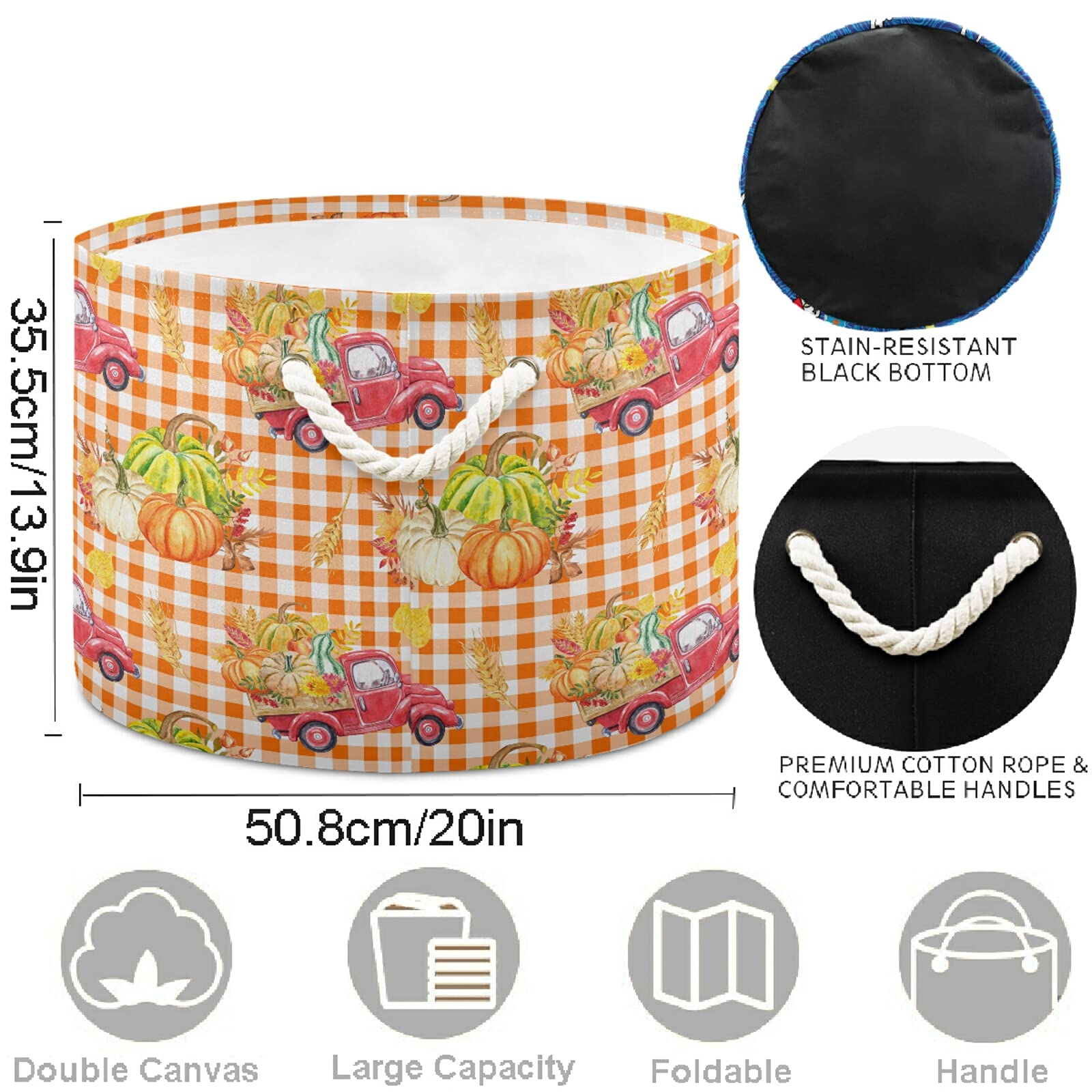 Visesunny Red Harvest Truck Print Collapsible Fabric Storage Basket - Autumn Seasonal Vegetable Pattern Laundry Bin for Clothes, Toys & Organizing - Perfect for Bathroom, Bedroom & Kids Room Storage Solutions