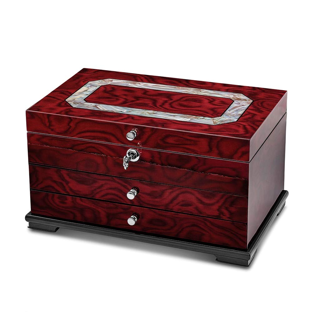 Exquisite Rosewood Veneer Mop Inlay 2-Drawer Jewelry Box with Cream Lining - Perfect for Organizing Necklaces, Rings & Earrings - Ideal Gift for Women, Brides & Jewelry Lovers