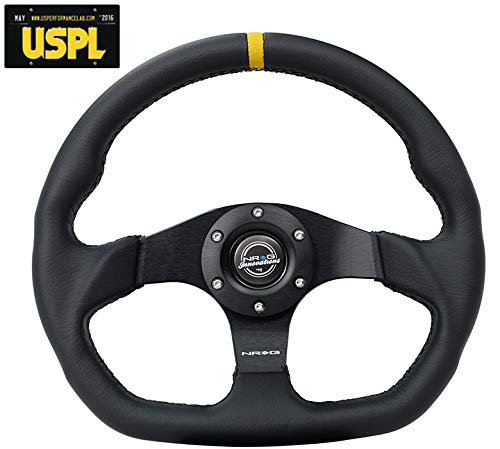 NRG Innovations Reinforced Leather Steering Wheel RST-024MB-R-Y - Premium Racing Steering Wheel with U.S. Performance Lab Air Freshener for Cars, Trucks & SUVs - Perfect for Racing Enthusiasts & Custom Car Builds