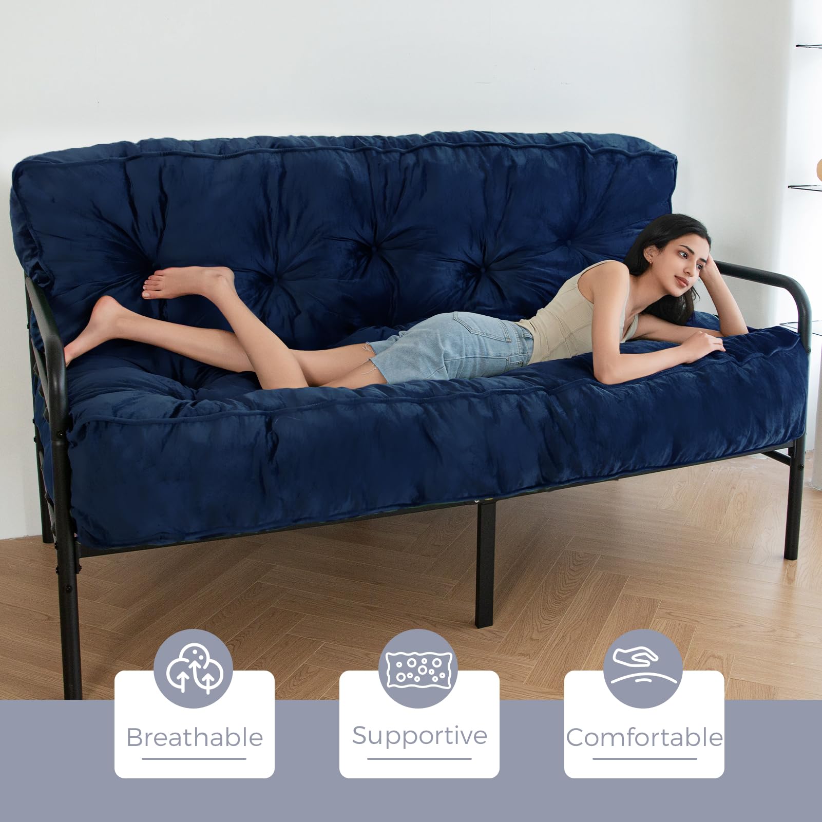 MAXYOYO 8-Inch Thick Velvet Tufted Futon Mattress for Sofa Bed - Navy Blue Comfortable Foldable Couch Bed Replacement for Adults (Mattress Only) - Perfect for Small Spaces, Guest Rooms & Dorm Rooms