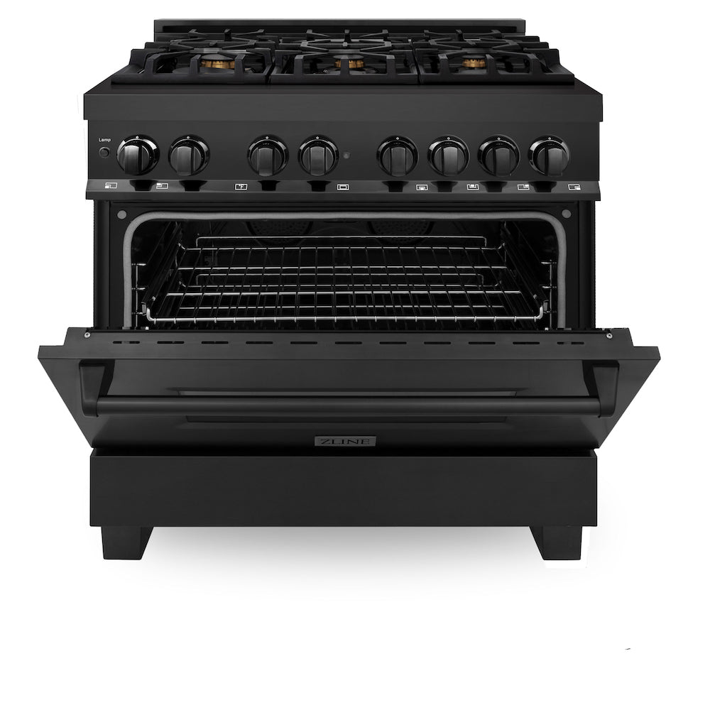 ZLINE 36-inch Black Stainless Steel Kitchen Package - Dual Fuel Range, Range Hood & Microwave Drawer (4KPR RABRH36 MW) | Premium Appliance Bundle for Modern Kitchens & Home Renovations