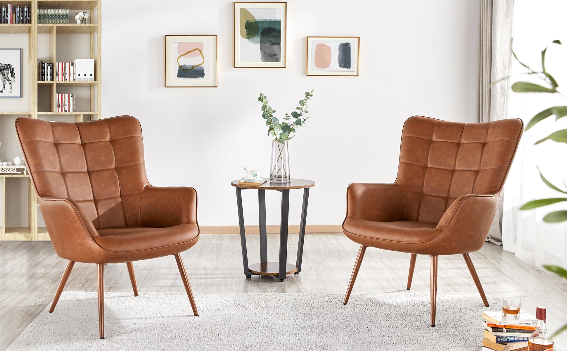 Yaheetech PU Leather Armchair Set of 2 - Modern High Back Accent Chair with Oversized Padded Seat, Vintage Mid-Century Design for Living Room, Bedroom & Office - Brown Leather Lounge Chairs for Comfortable Seating & Stylish Home Decor