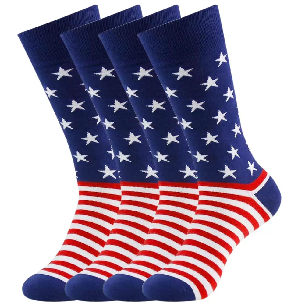 American Flag Patriotic Dress Socks for Men - 100% Cotton Novelty Crew Socks - Groomsmen Gift Set (2/4/6 Pairs) - Perfect for 4th of July, Veterans Day & Patriotic Events