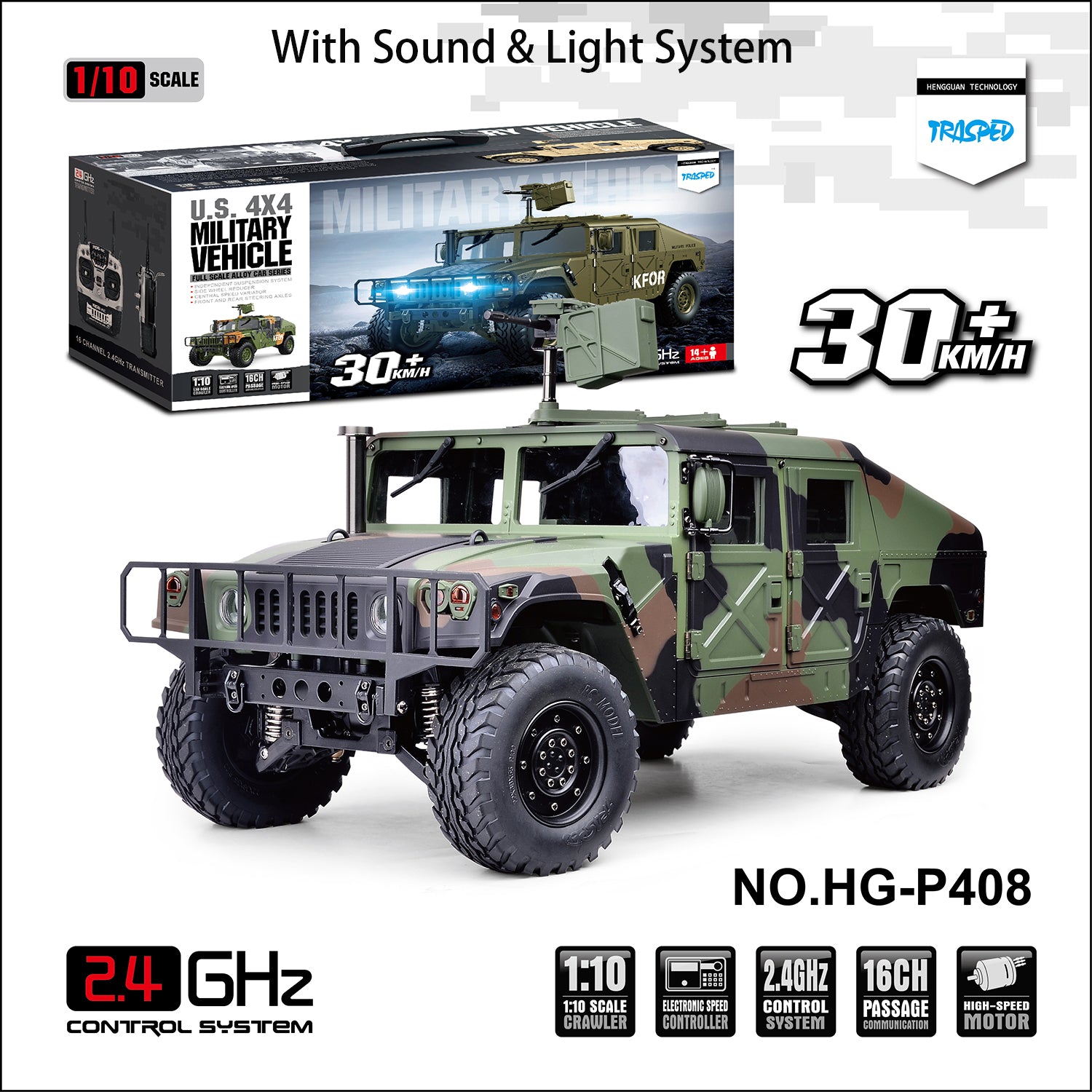 1/10 Scale 2.4GHz 16CH Remote Control RC HG Racing Car 4WD Off-Road Military Vehicle P408 with 2-Speed ESC, LED Lights & Sound System - 30KM/H High Speed - Perfect for Outdoor Racing, Backyard Driving & RC Car Enthusiasts