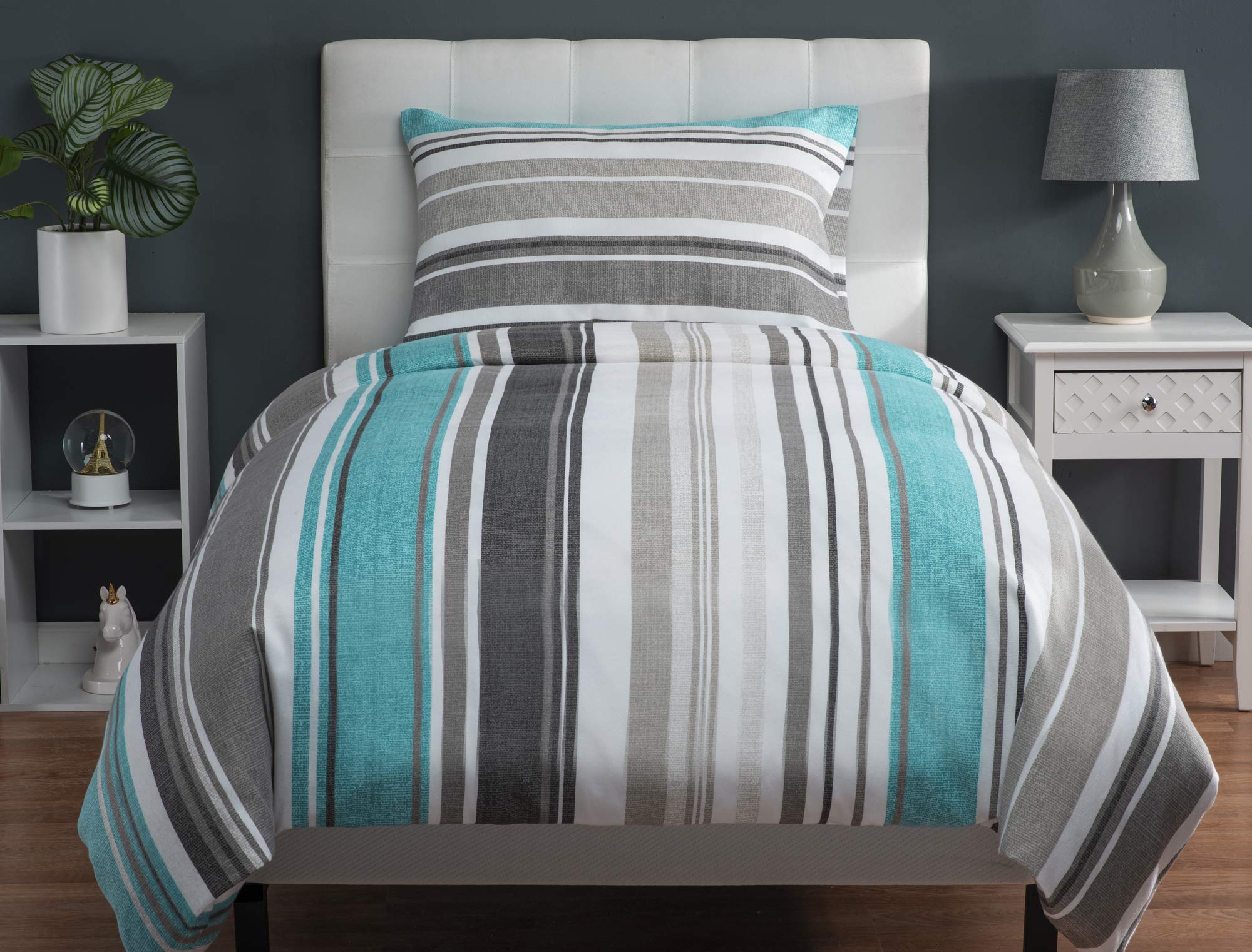 XLNT Twin Size Bedding Set - 6 Piece Duvet Cover, Comforter Cover, Bed Sheet & Pillowcases - Soft Cotton Blend, Machine Washable - Riptide Boston Blue Design - Perfect for Kids' Rooms, Guest Beds & Dorm Essentials