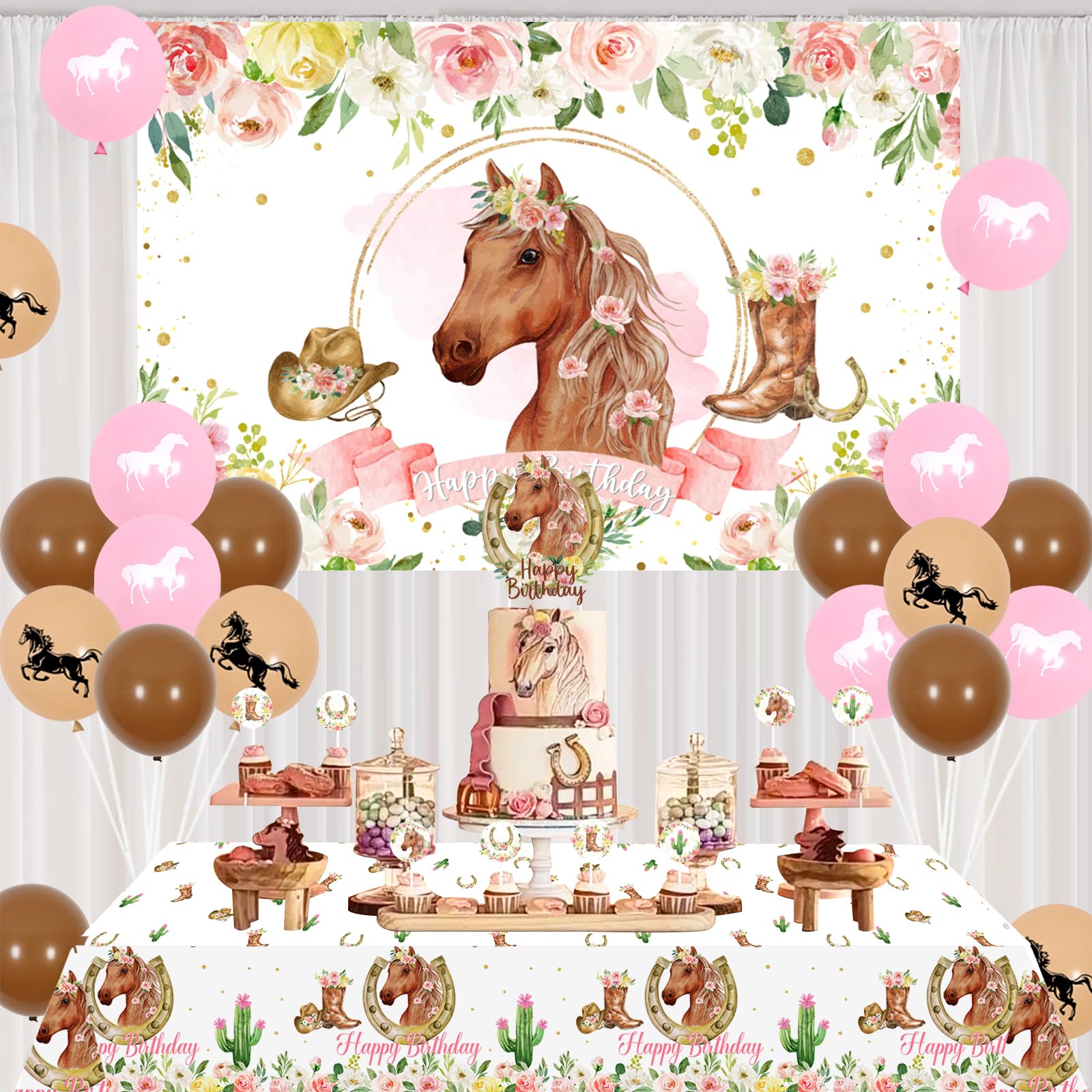 Western Cowgirl Birthday Party Decorations - Horse Theme Backdrop, Cake & Cupcake Toppers, Tablecloth for Girls | Perfect for Western-Themed Birthday Parties, Baby Showers & Cowgirl Celebrations