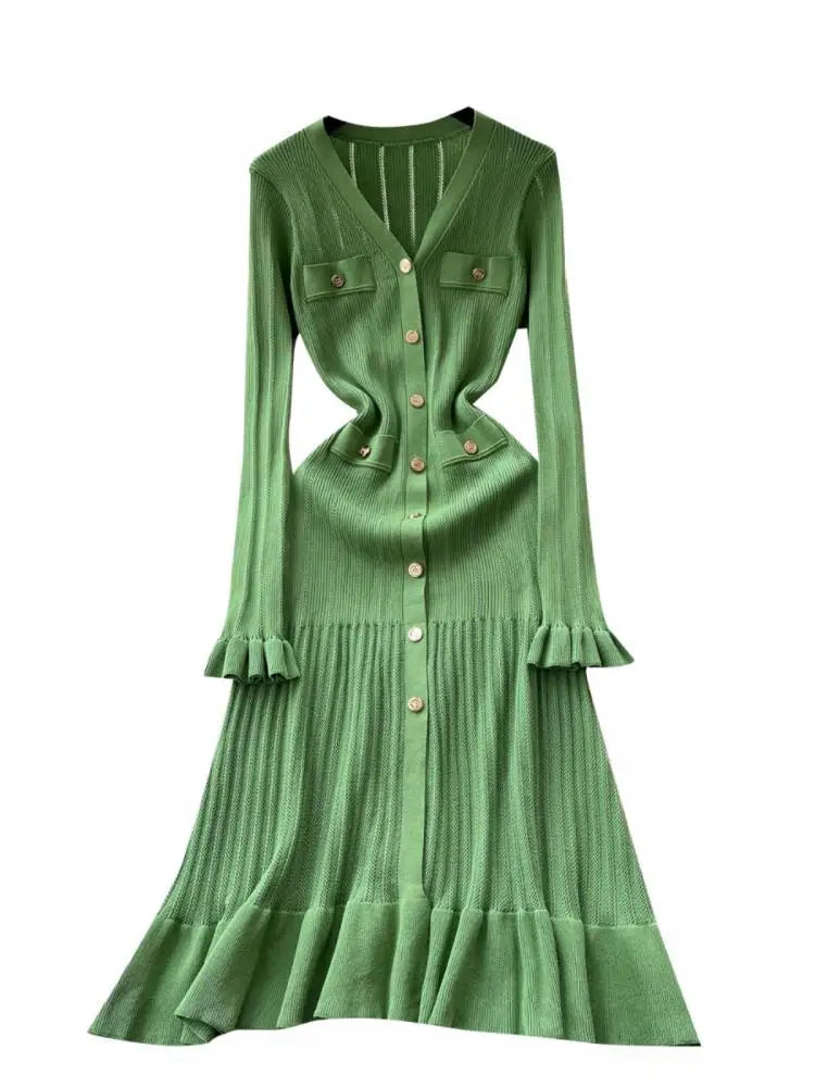 Elegant French Green V-Neck Knitted Dress for Women - Slim Fit Long Sleeve Ruffled Dress with Single Breasted Design | Perfect for Autumn 2024 Fashion, Office Wear, and Special Occasions