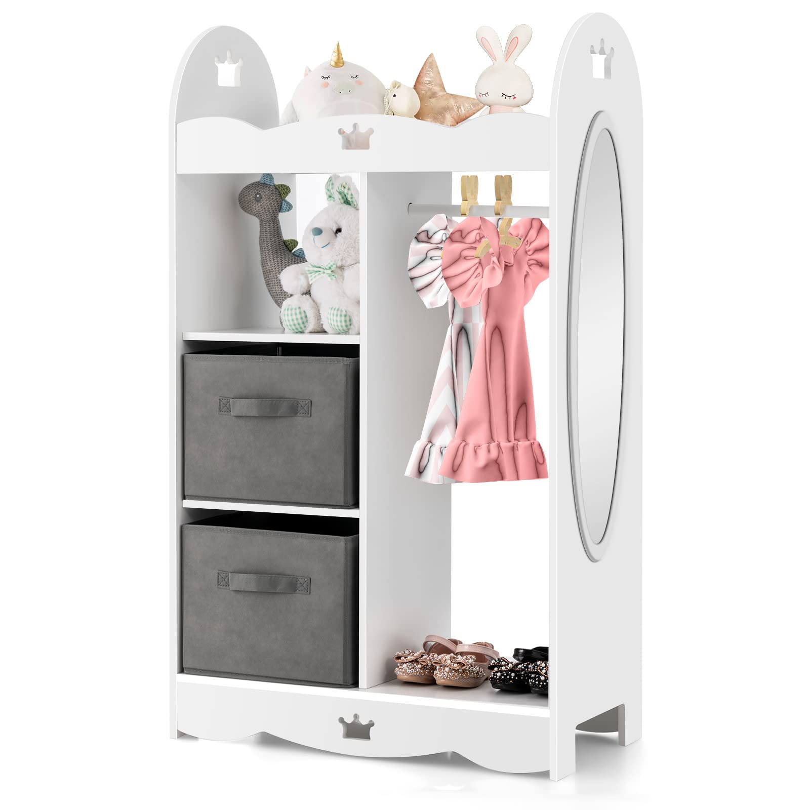 Costzon Kids Dress Up Storage Wardrobe with Mirror & Hangers - White Crown Pattern Toy Organizer for Pretend Play Costumes | Perfect for Bedroom & Playroom Organization | Toddler Closet & Dress Up Storage Solution