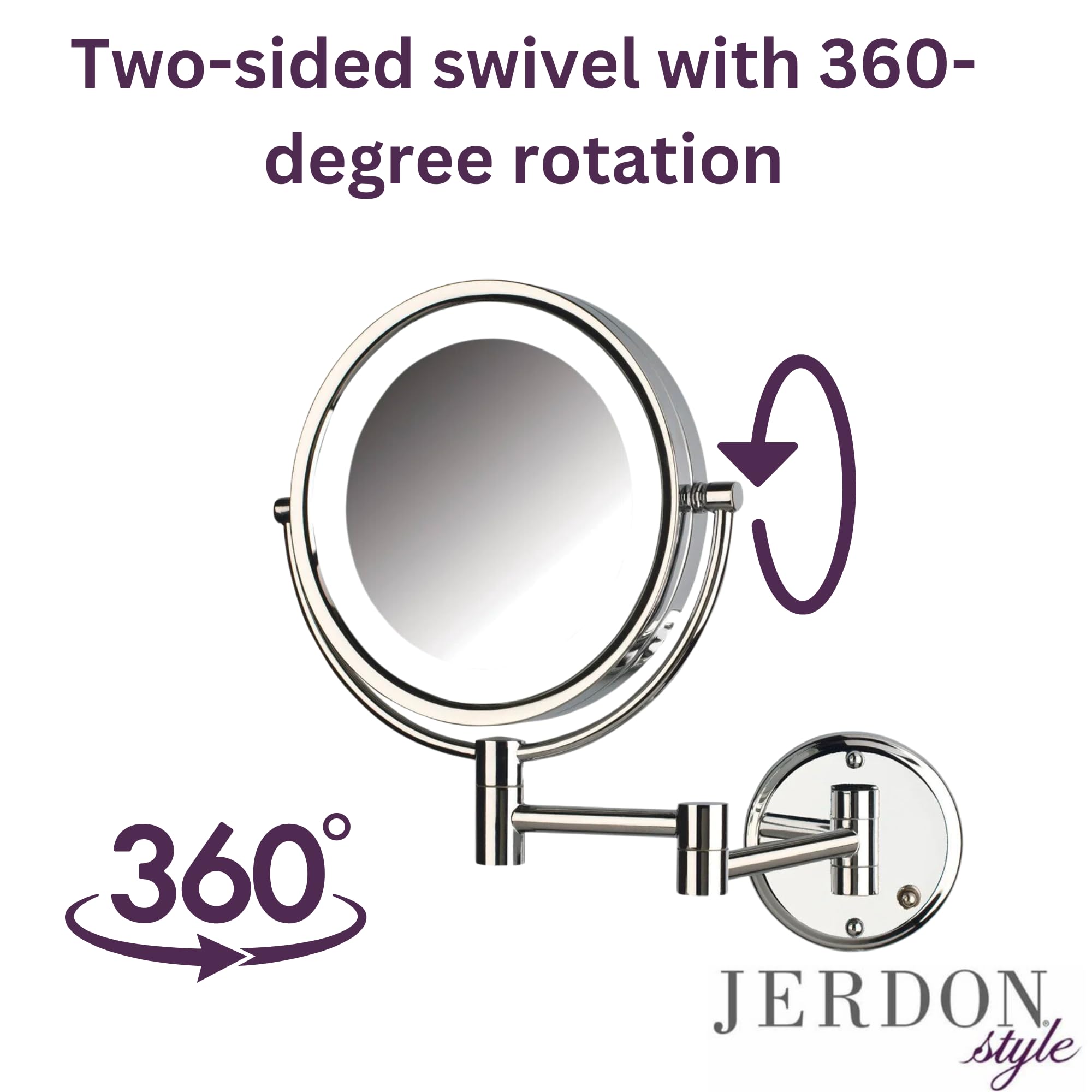 JERDON Wall-Mounted LED Makeup Mirror with 8X Magnification - Chrome Vanity Mirror with Adjustable Lights for Perfect Makeup Application - Ideal for Bathroom, Bedroom & Dressing Room