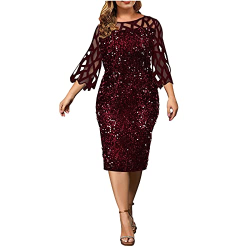 Padaii Women's Sequin Dress - Fashionable Sexy Mesh Plus Size Long Sleeve Solid Color Sheer Insert Party Dress for Evening, Club, Prom & Special Occasions