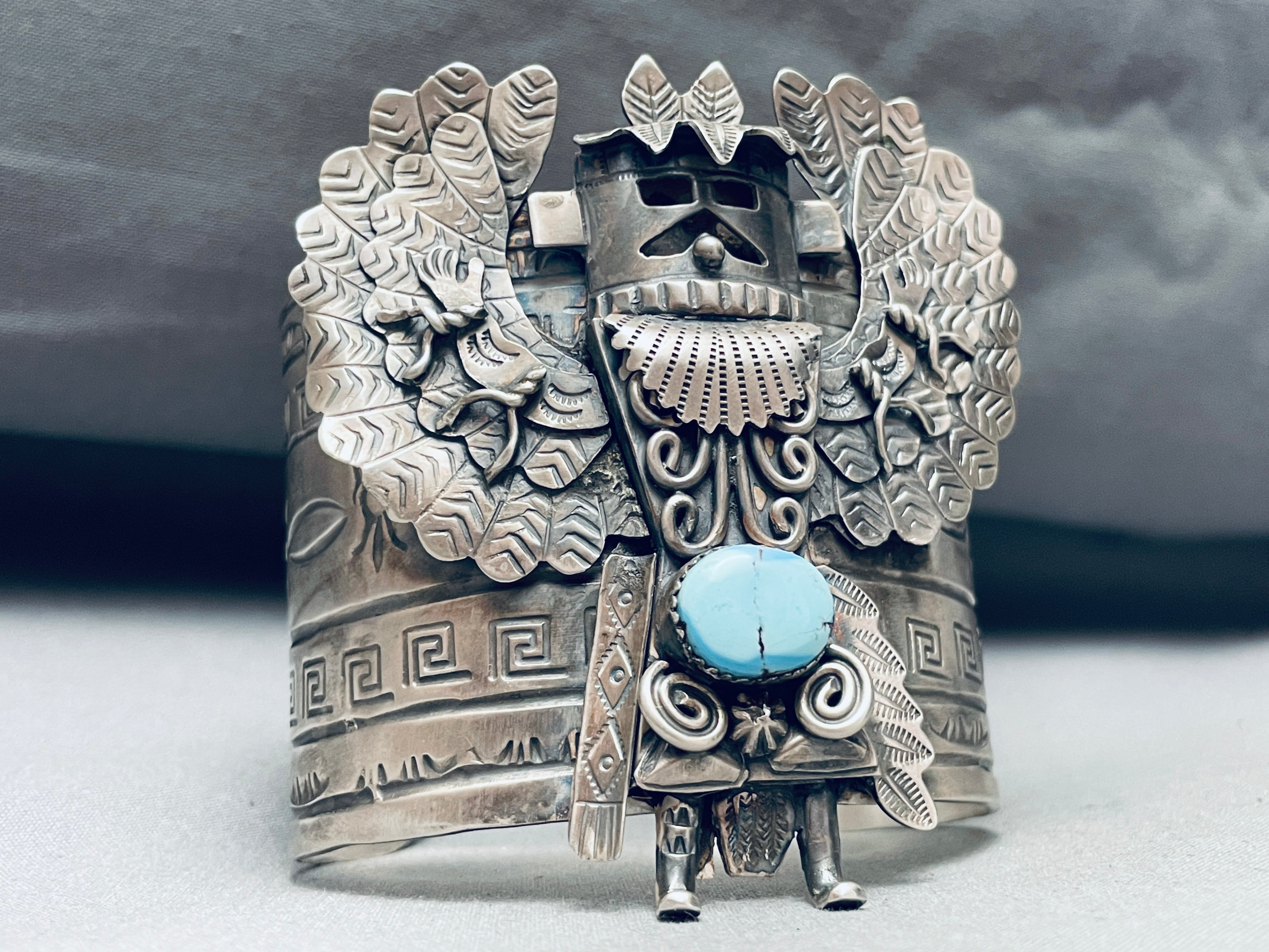 135g Heavy Navajo Turquoise Sterling Silver Kachina Bracelet - Authentic Native American Jewelry for Women, Perfect for Boho Fashion & Special Occasions