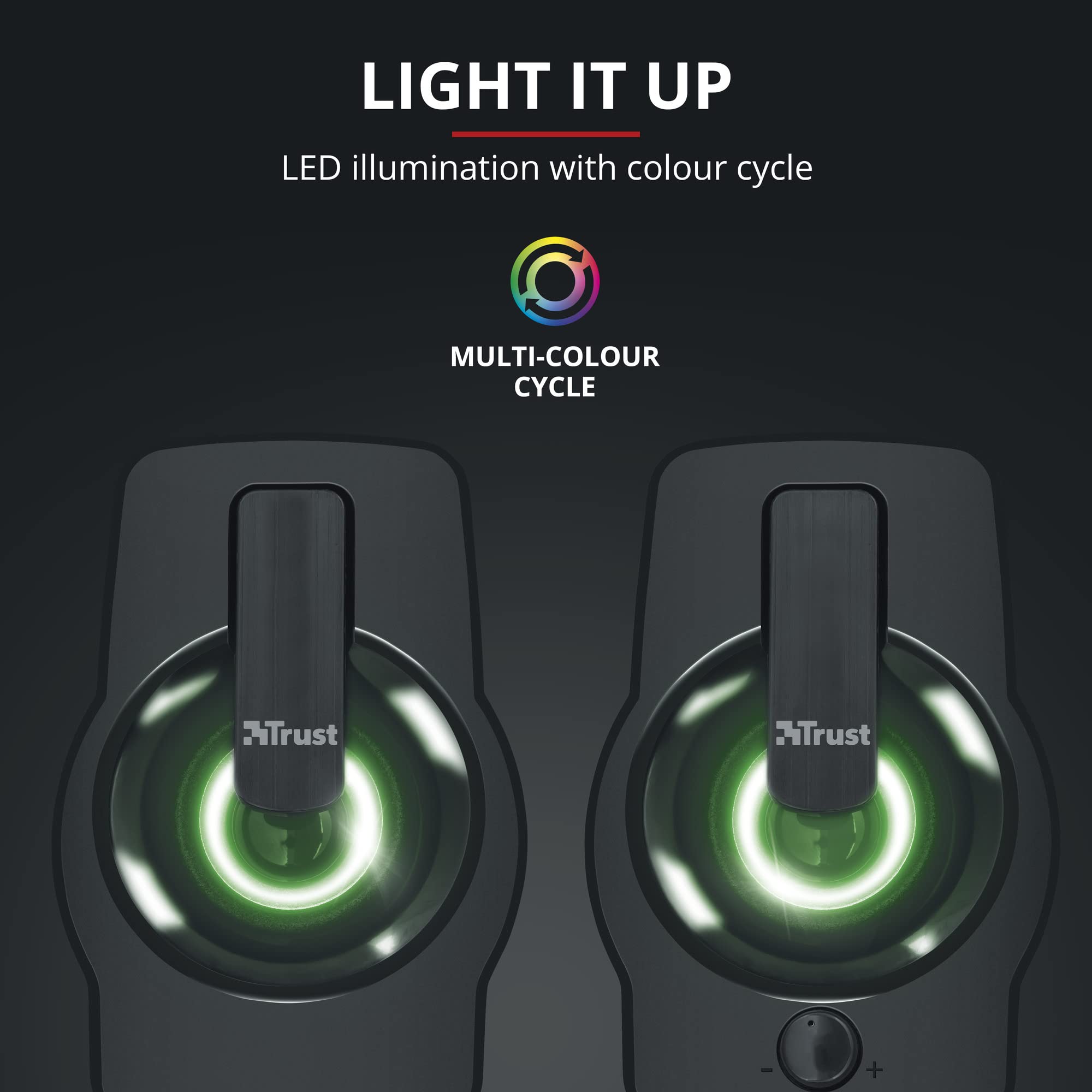 Trust Gemi RGB LED 2.0 PC Gaming Speakers - 12W USB Powered Computer Sound System with Colorful Illumination for Desktop & Laptop (Black) - Perfect for Gaming Setups, Home Office & Multimedia Entertainment
