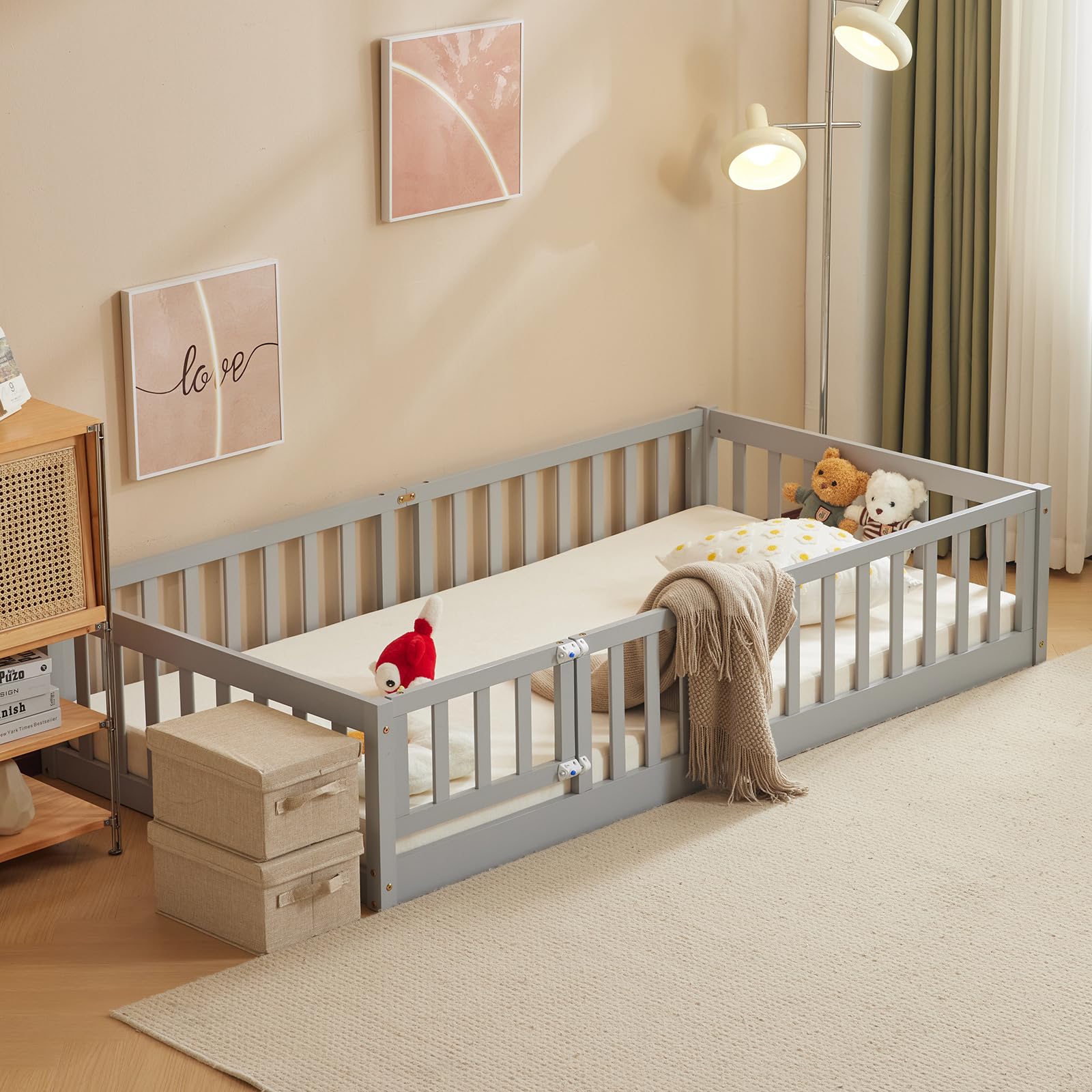 Montessori Toddler Floor Bed with Door & Safety Fence - Solid Wood Twin Bed Frame for Kids with 12 Slats & Guardrails - Grey (Perfect for Girls & Boys Bedroom, Playroom or Montessori Learning Space)