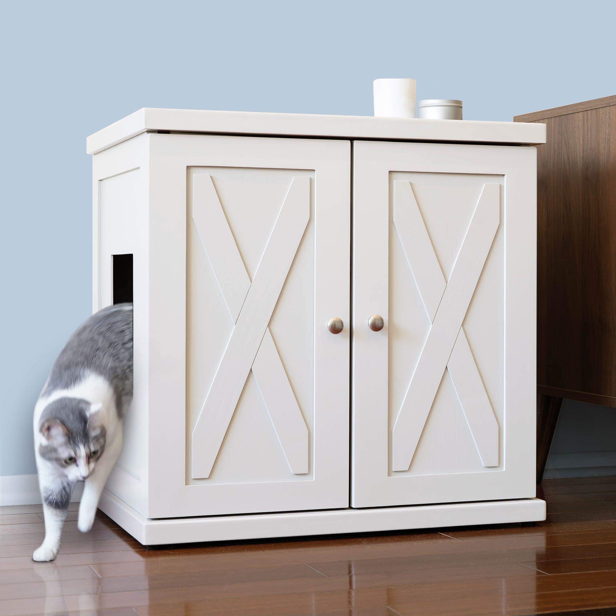 The Refined Feline Large Hidden Litter Box Enclosure Cabinet - Farmhouse Style White Cat Furniture with Adjustable Levelers & Storage Drawer - Perfect for Home, Apartment, or Office Use