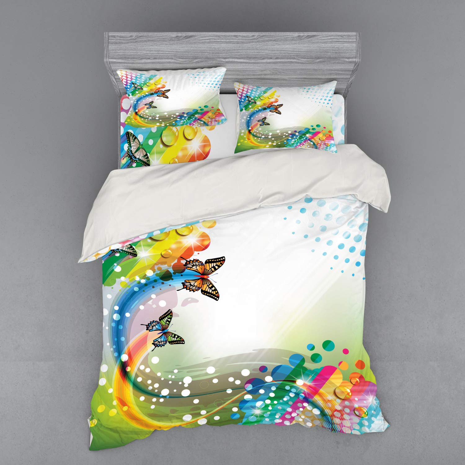 Ambesonne Trippy Butterfly & Comet Bubble 4-Piece Queen Bedding Set - Duvet Cover, Shams, Fitted Sheet - Vibrant Multicolor Bohemian Design for Bedroom Decor | Perfect for Teens, Dorms & Psychedelic-Themed Rooms