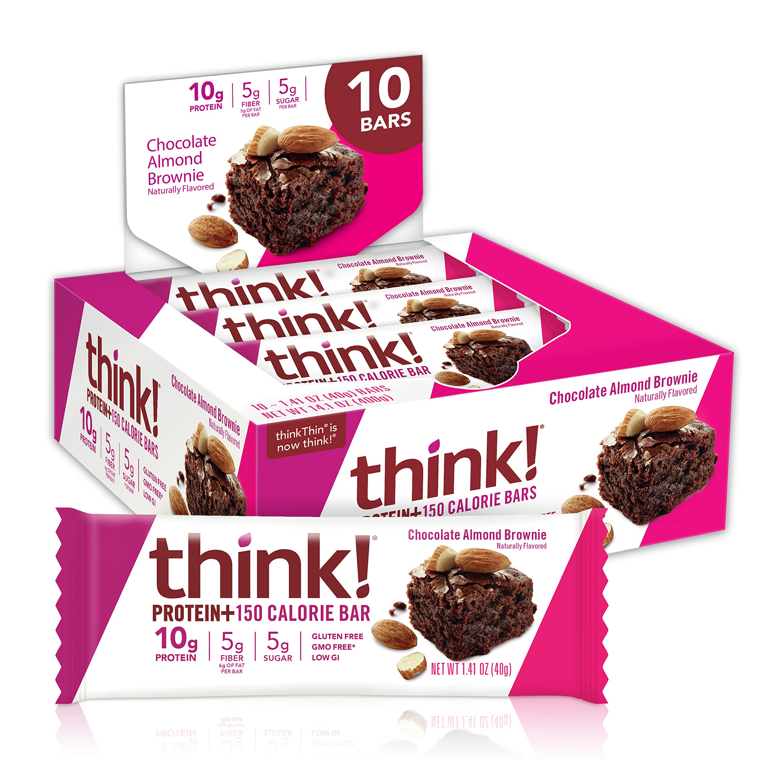 Think! Protein Bars with Chicory Root Fiber - Gluten Free, Whey Protein Isolate, Chocolate Almond Brownie Flavor - 10 Count (1.4 Oz Each) - Healthy Snack for Workout Recovery, Weight Management & On-the-Go Nutrition