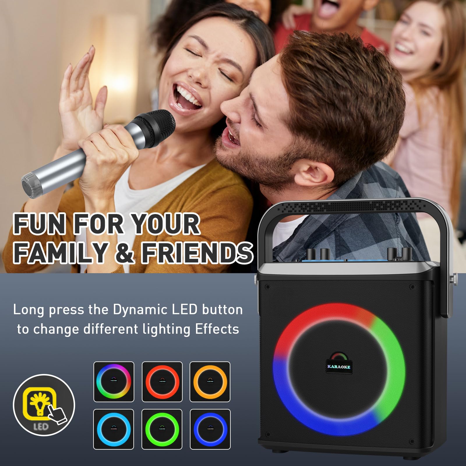 Portable Bluetooth Karaoke Machine with 2 Wireless Microphones & LED Lights - PA System Supports TF Card/USB/AUX - Perfect for Home Parties, Family Gatherings & Kids Entertainment (Black)