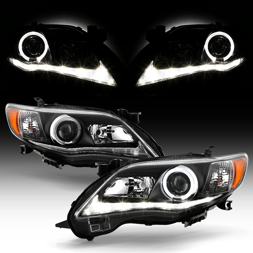 ACANII LED Tube Halo Black Housing Projector Headlights for 2011-2013 Toyota Corolla - Driver & Passenger Side - Upgrade Your Night Driving Visibility