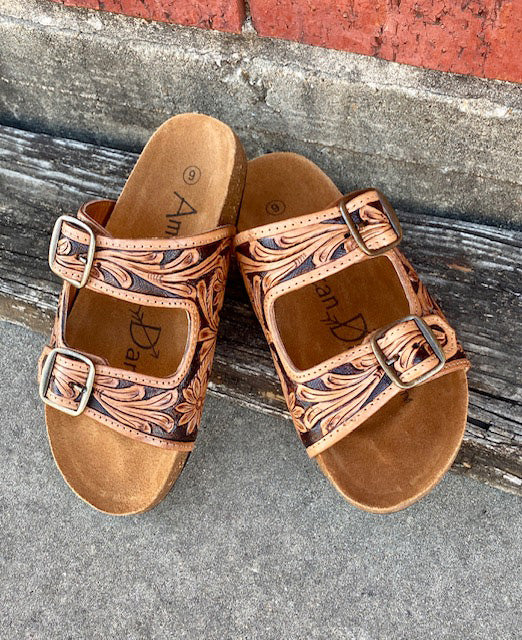 American Darling Tooled Double Buckle Sandals - Handcrafted Leather Women's Casual Shoes for Summer Outfits & Boho Style | Perfect for Beach, Vacation, and Everyday Wear