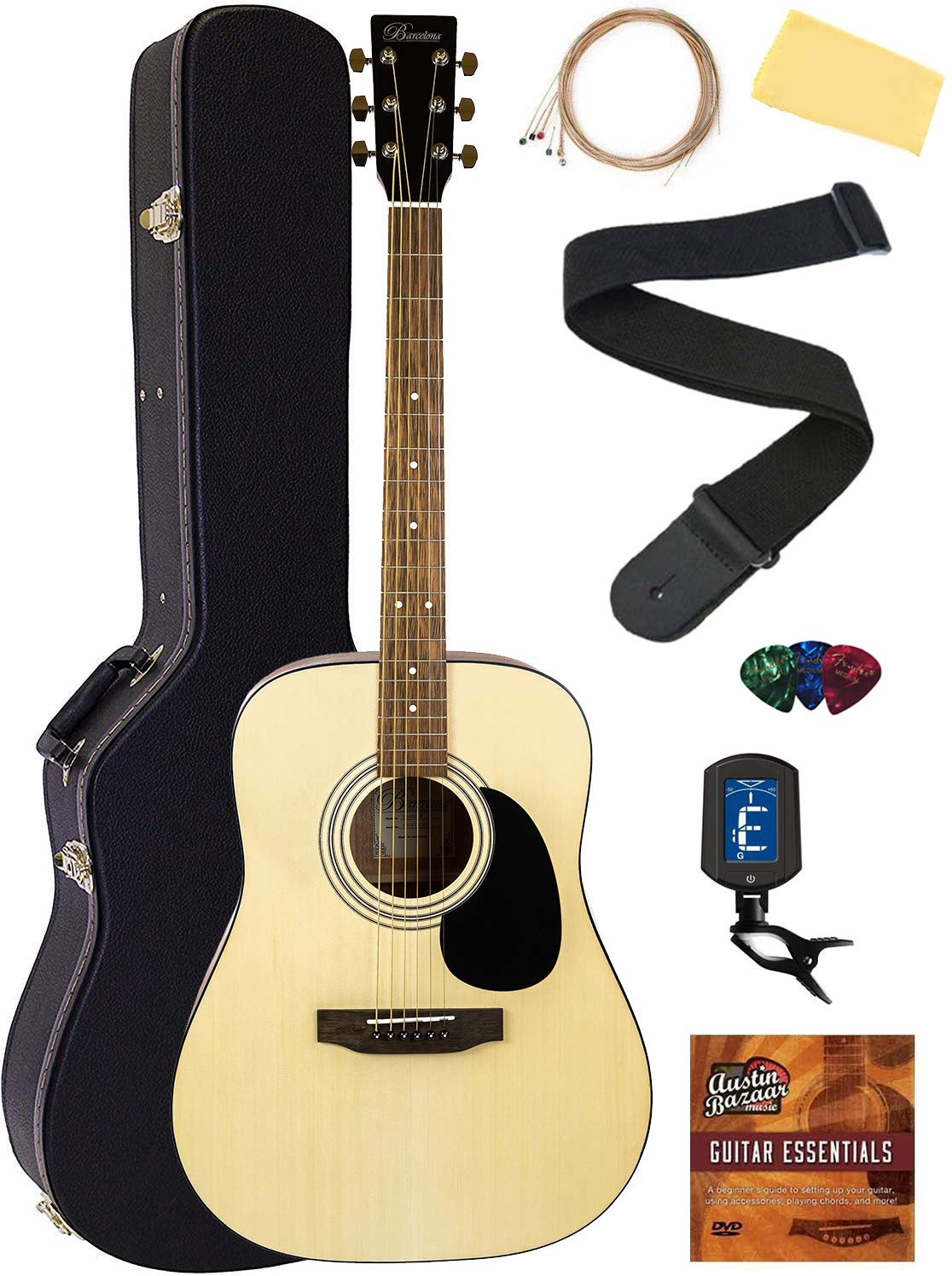 Barcelona D500 Dreadnought Acoustic Guitar Bundle - Natural Finish with Hard Case, Strings, Tuner, Strap, Picks, Online Lessons & Accessories | Perfect for Beginners, Performances & Home Practice