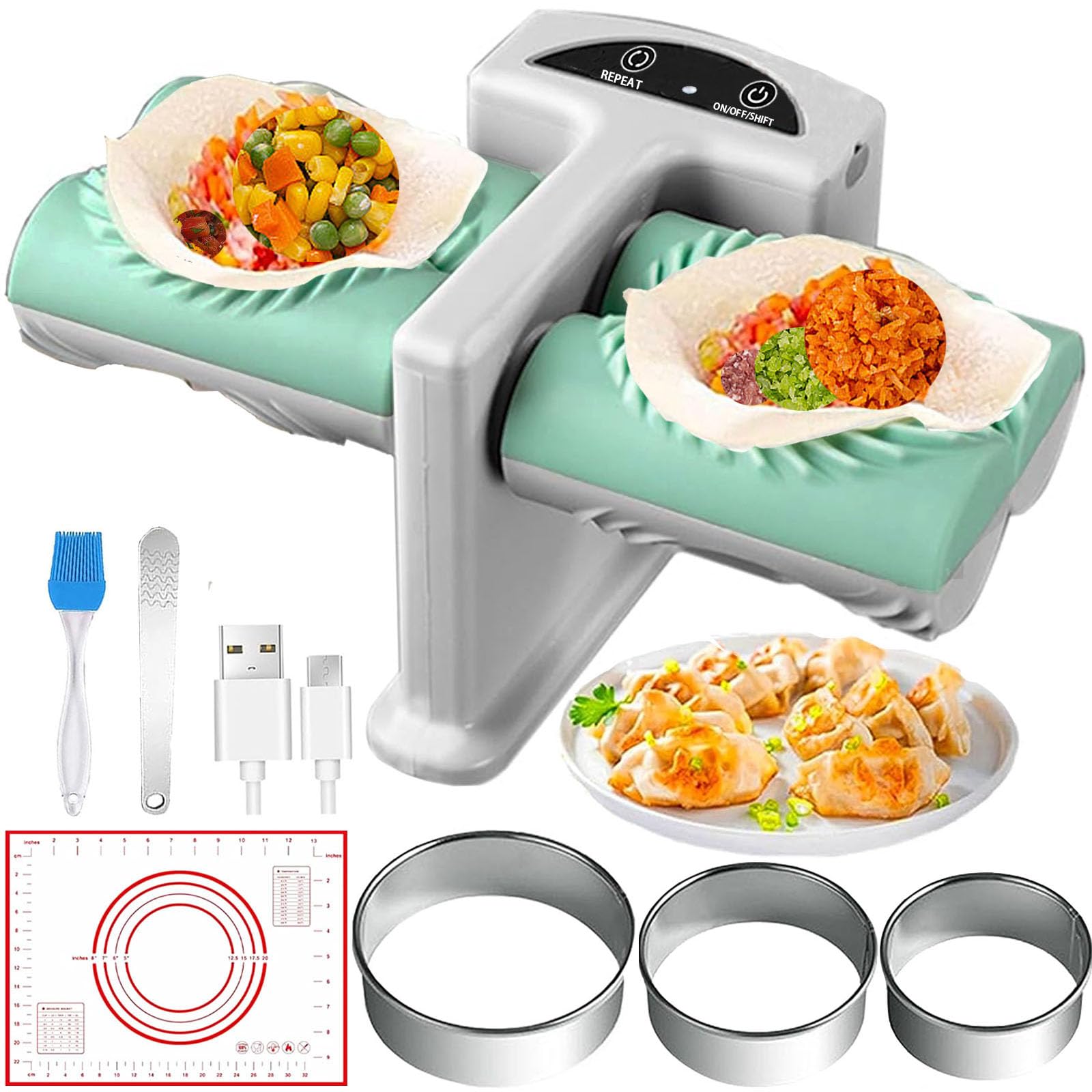 Automatic Electric Dumpling Maker Machine - Dual Head Design with 2 Sizes, Quick Rechargeable, Includes Silicone Baking Mat, Dough Cutters & Spoon Brush - Perfect for Home Kitchen, Asian Cuisine, and Quick Meal Prep