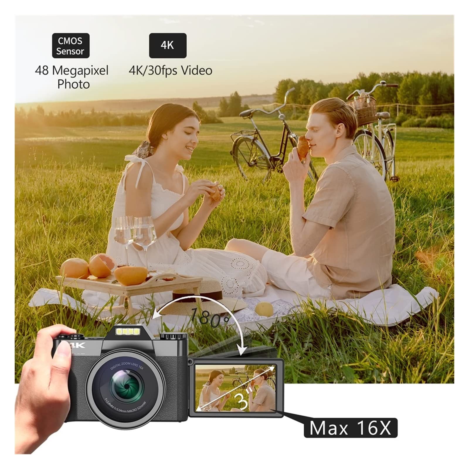BODORME 48MP Digital Camera with Wide Angle & Macro Lens, 16X Zoom, Auto Focus, 16GB TF Card & Filter - Perfect for Selfies, Vlogging, YouTube Videos, and Photography