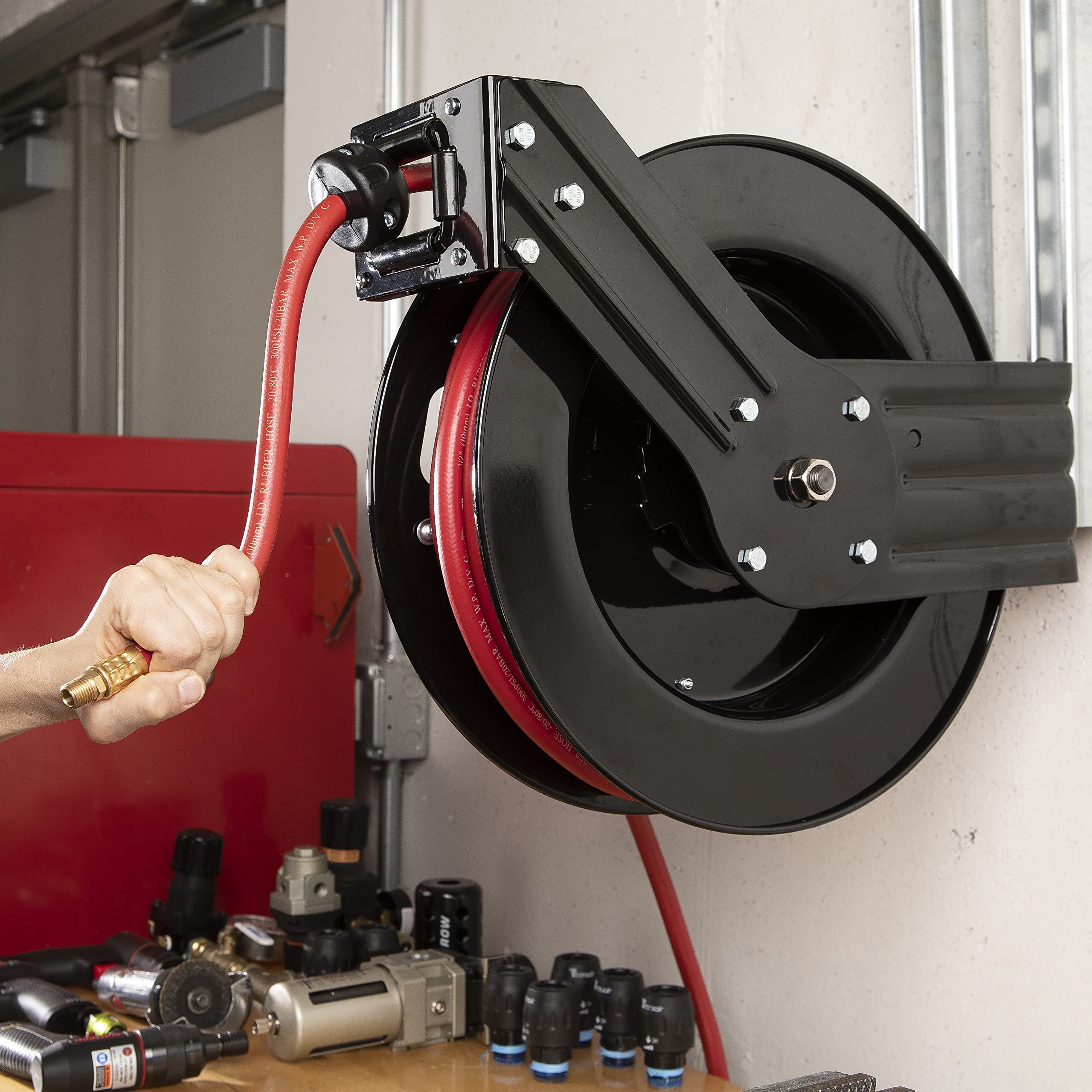Workforce Retractable Air/Water Hose Reel - 1/2 Inch x 50 Feet Heavy Duty Rubber Hose with Wall Mount - Perfect for Garage, Workshop & Outdoor Watering (Model L8641)