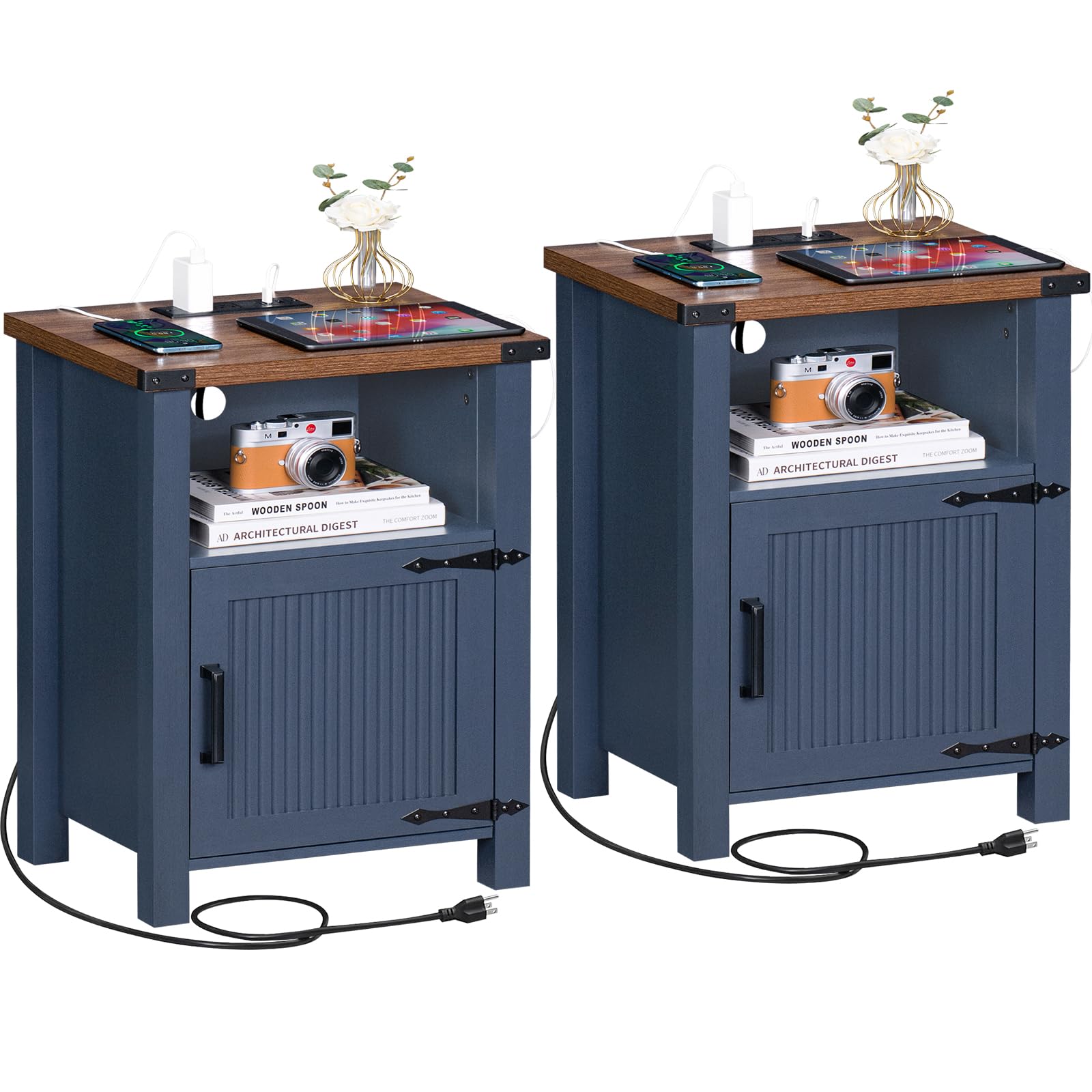 2-Piece Farmhouse Nightstand Set with USB Charging Station & Magnetic Door - 18