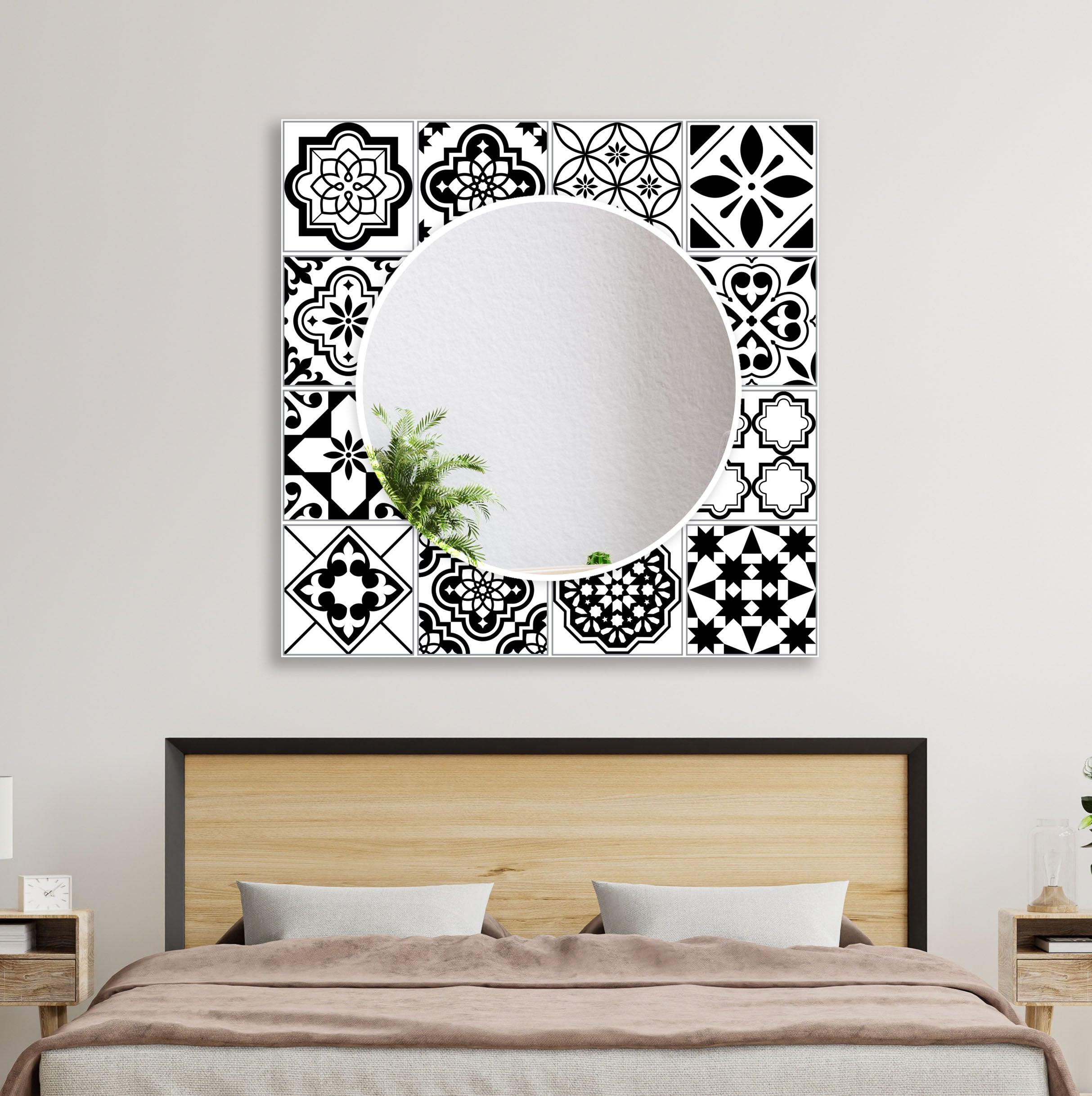 Black and White Mosaic Wall Mirror - Decorative Bathroom Vanity Mirror for Home Decor, Living Room, Bedroom, or Entryway