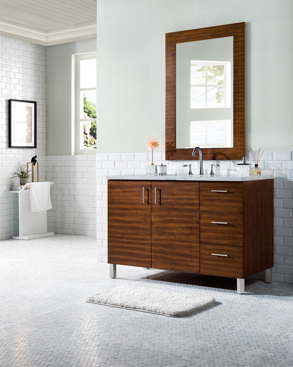 48 Inch American Walnut Single Bathroom Vanity with 3CM Arctic Fall Solid Surface Countertop | Modern Farmhouse Style for Master Bath & Powder Room