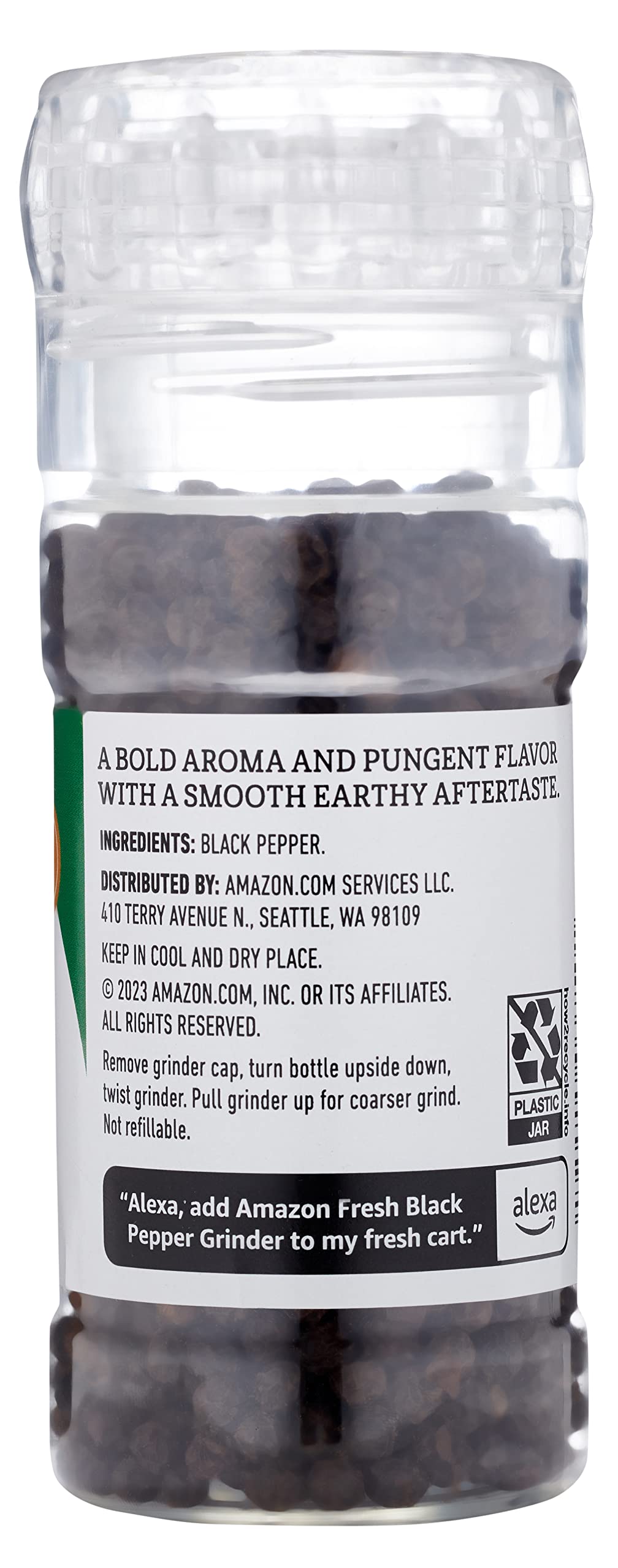 Premium Black Pepper Grinder - 2.2 Oz (62g) Refillable Glass Bottle with Adjustable Coarse to Fine Grind - Amazon Fresh - Perfect for Steak, Pasta, Salads & Home Cooking