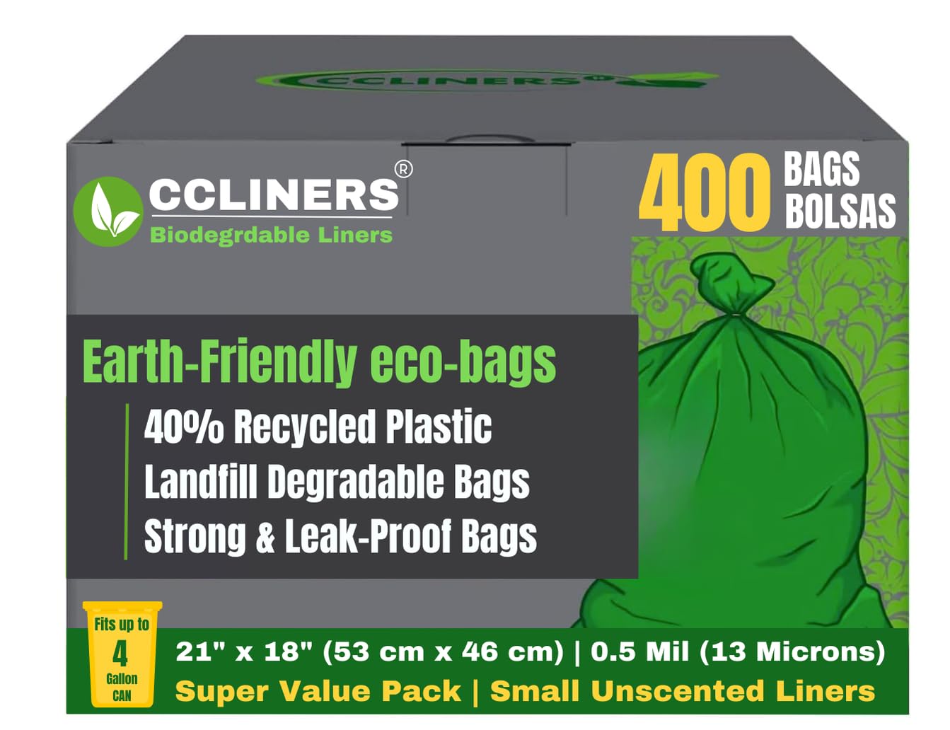 4 Gallon Eco-Friendly Trash Bags (400 Count) - 15 Liter Green Degradable Garbage Bags with EPI Additive | Fits 2-3 Gallon Trash Cans | Perfect for Home, Kitchen, Office & Outdoor Use | TDPA Certified Biodegradable Waste Liners (400 Bags)