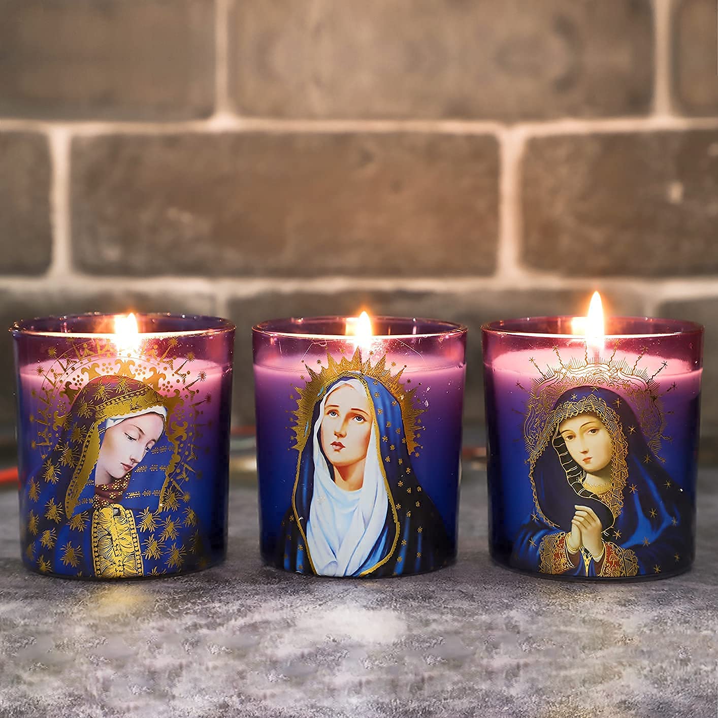 Blessed Virgin Mary Scented Candles - Set of 3 Purple Glass Votive Candles for Catholic Church, Home Altar & Prayer - Long-Lasting Rosemary Scented Soy Wax Jar Candles for Meditation, Devotion & Spiritual Relaxation