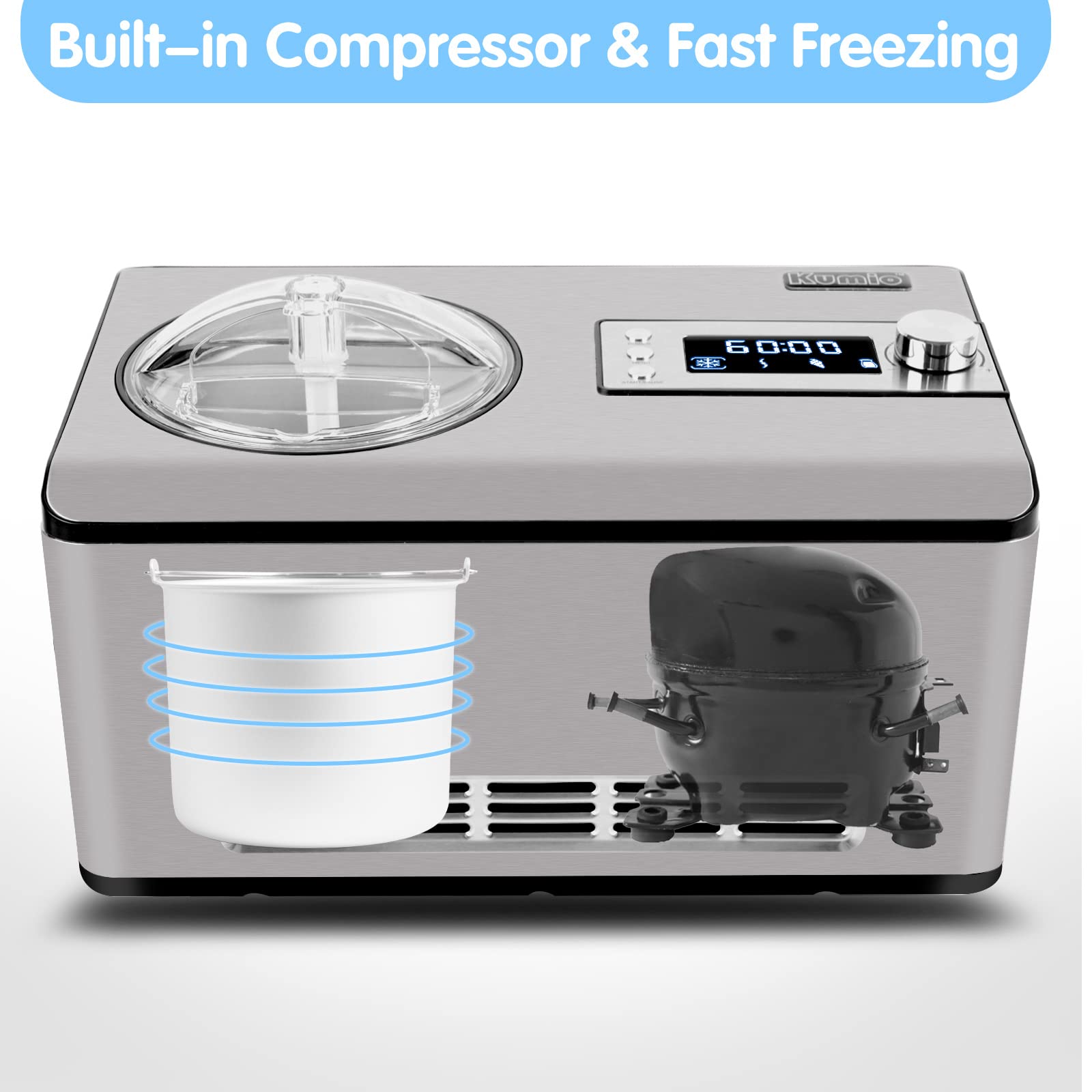 KUMIO 2.2-Quart Automatic Ice Cream Maker with Built-in Compressor - No Pre-Freezing Required, Stainless Steel Electric Ice Cream & Yogurt Machine with LCD Display & Timer, 180W - Perfect for Homemade Gelato, Sorbet, Frozen Yogurt & Fruit Desserts