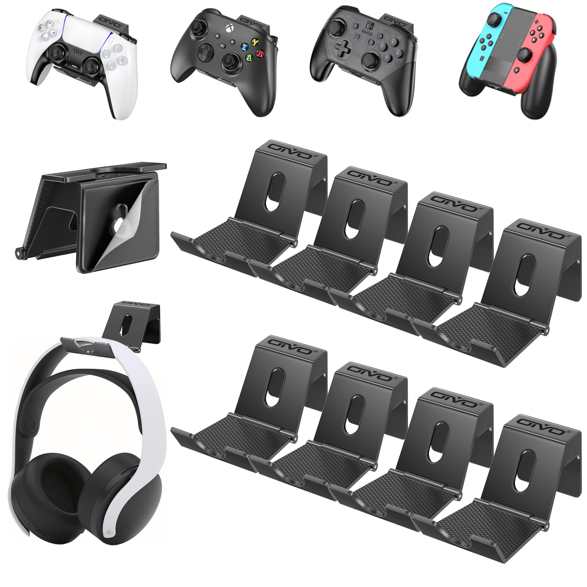 OIVO Foldable Wall Mount Holder Stand for Gaming Controllers & Headsets - Universal Storage Organizer for PS5, Xbox, Nintendo Switch Accessories (8-Pack) - Perfect for Gaming Setup & Headphone Organization