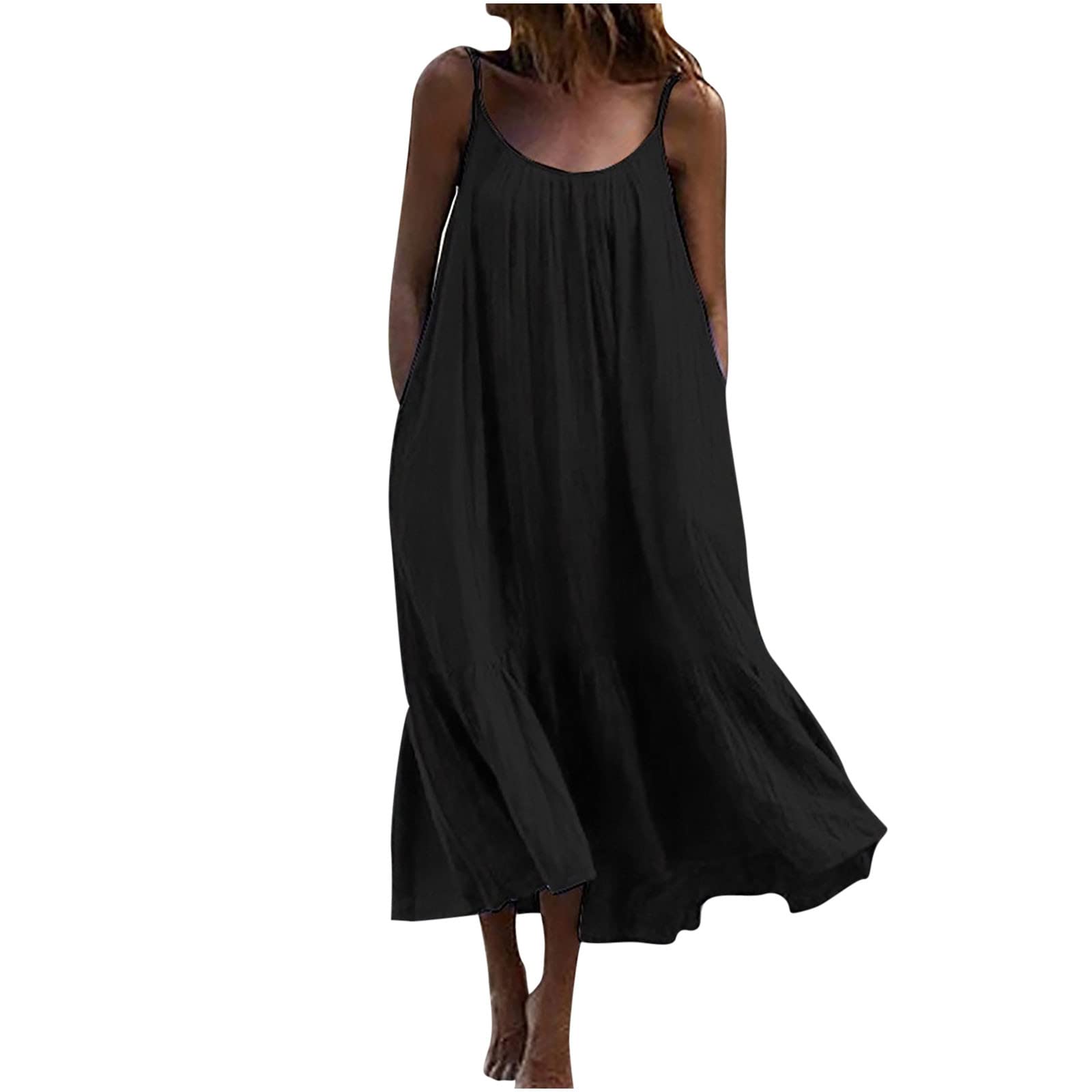 Women's Summer Dresses - Spaghetti Strap Boho Sun Dress with Ruffle Hem | Casual Sleeveless Flowy Maxi Dress for Beach, Vacation & Outdoor Parties
